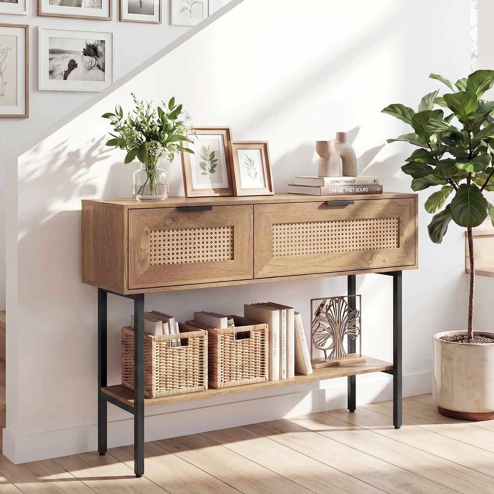 2 Costway Rattan Console Table w/Flip Doors Boho Sofa Side Table - Natural, 2 of 5