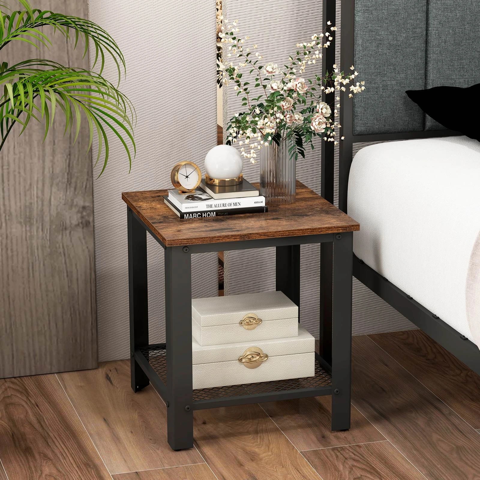3 Costway 2-Tier End Table Square Sofa Side Table w/Mesh Shelf - Brown, 3 of 5