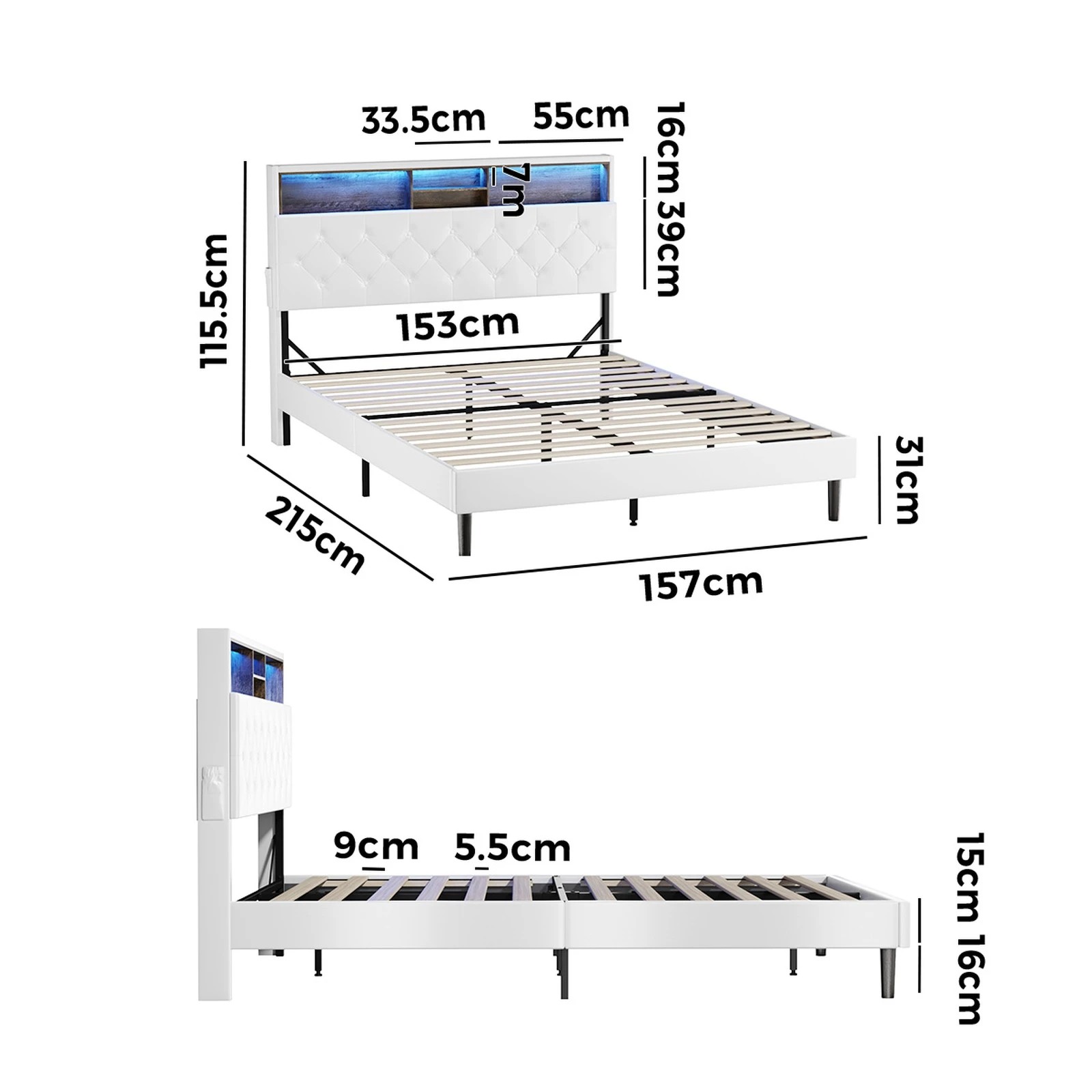 2 Oikiture Bed Frame Queen Size with LED Storage Bedhead - White, 2 of 9