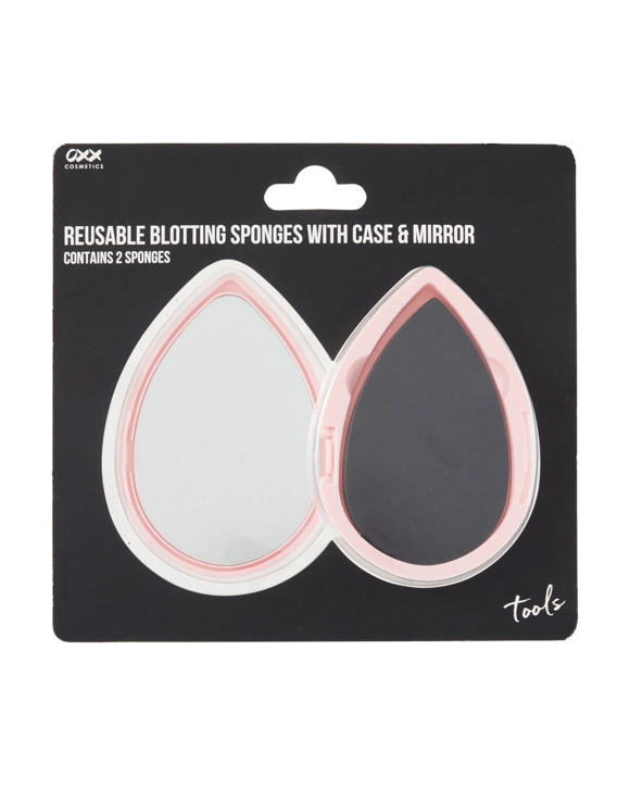 OXX Cosmetics 2 Pack Reusable Blotting Sponges with Case and Mirror - Black and Pink