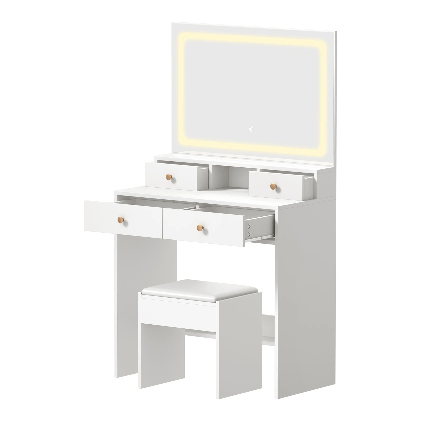8 Oikiture Dressing Table Stool Set Led Mirror Vanity Desk With Drawers
 - White, 8 of 9