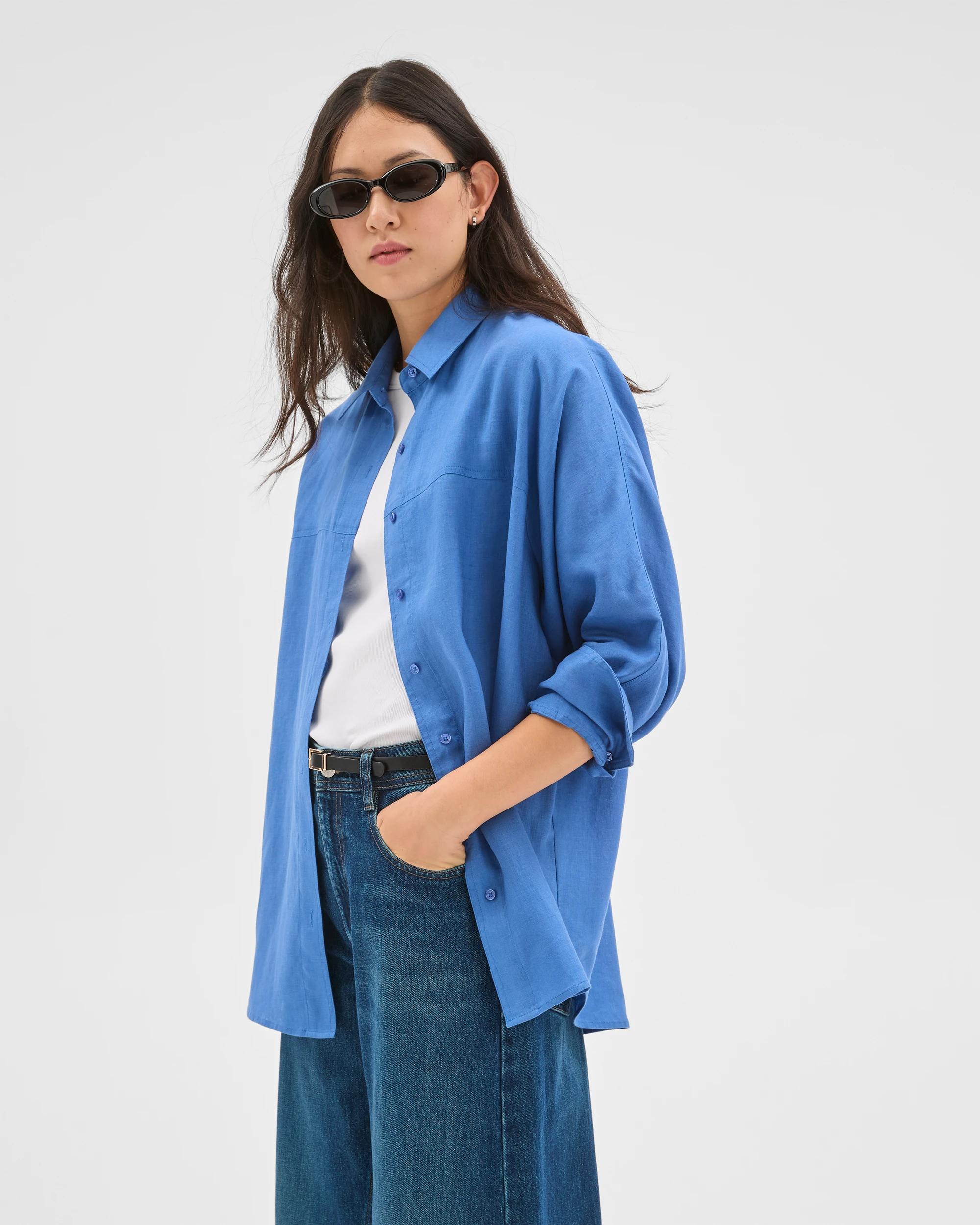 3 Target Woman European Linen Long Sleeve Shirt LAPIS BLUE, 3 of 5