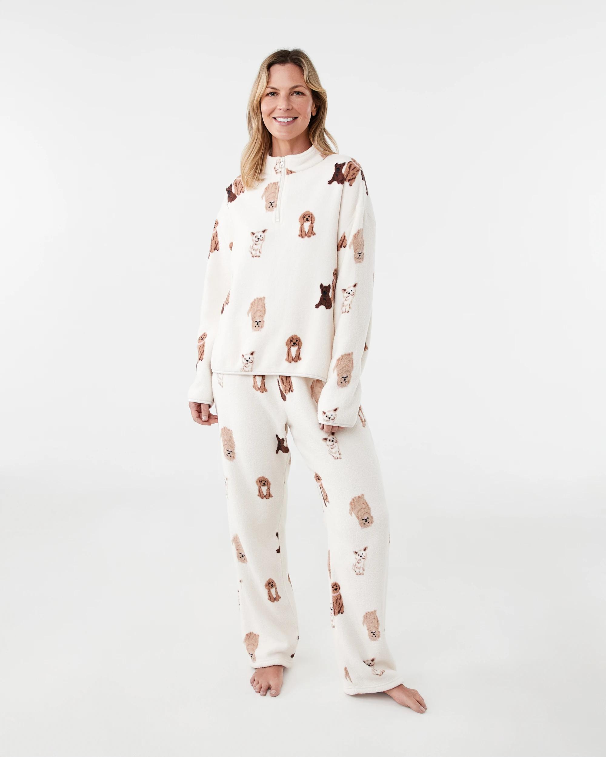 1 Quarter Zip Fleece Long Sleeve Top and Pants Pyjama Set Fluffy Dog, 1 of 6