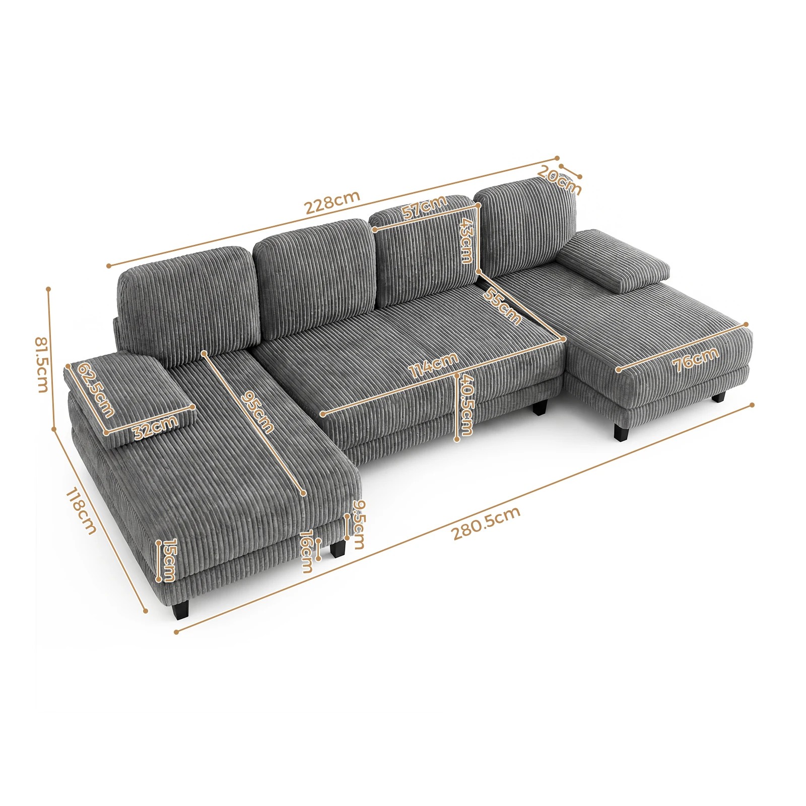7 Advwin Sectiona Sofa 4-Seater Corduroy Fabric U Shape Couch 280cm - Grey, 7 of 9