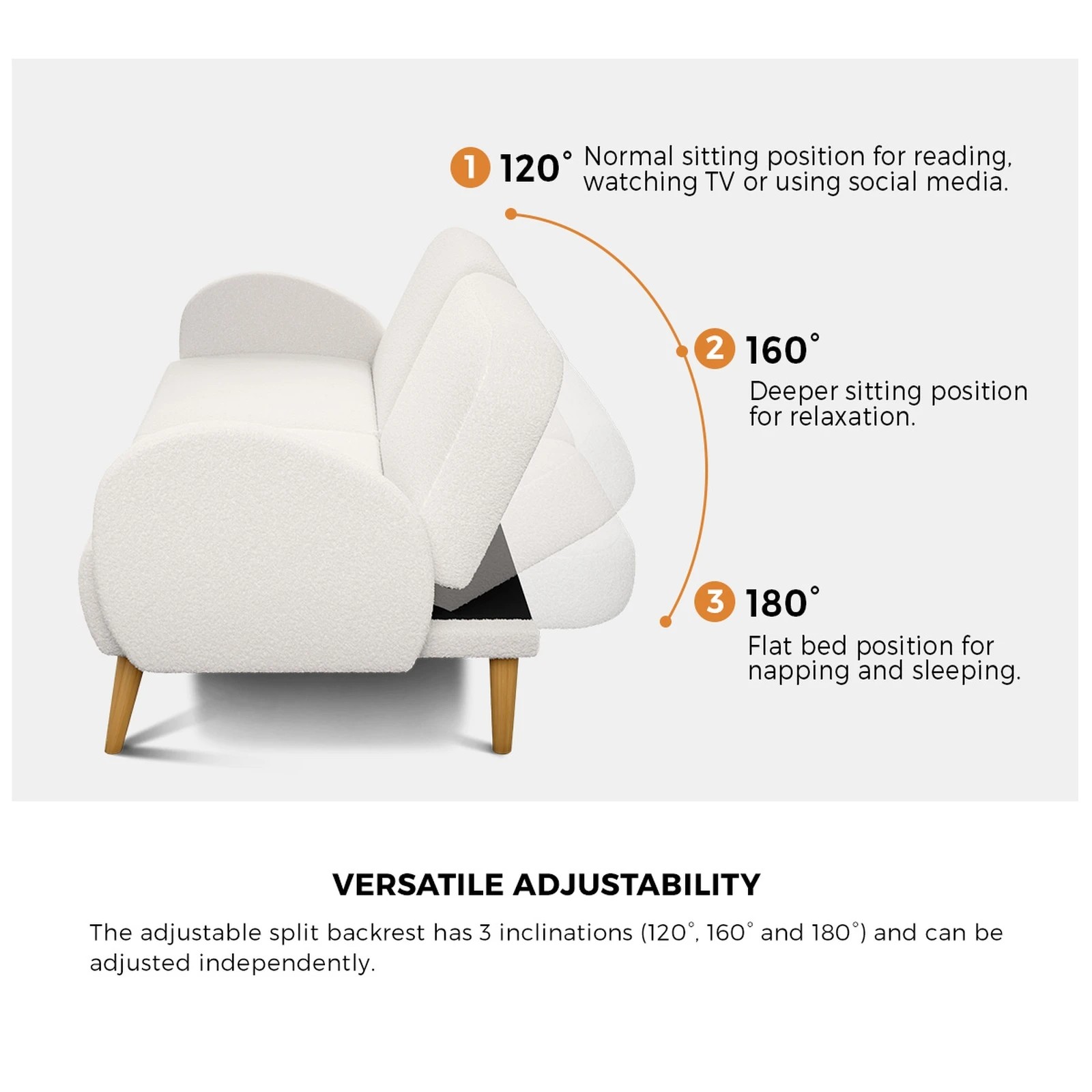 5 Oikiture Boucle Sofa Bed 3 Seater Recliner - White, 5 of 10