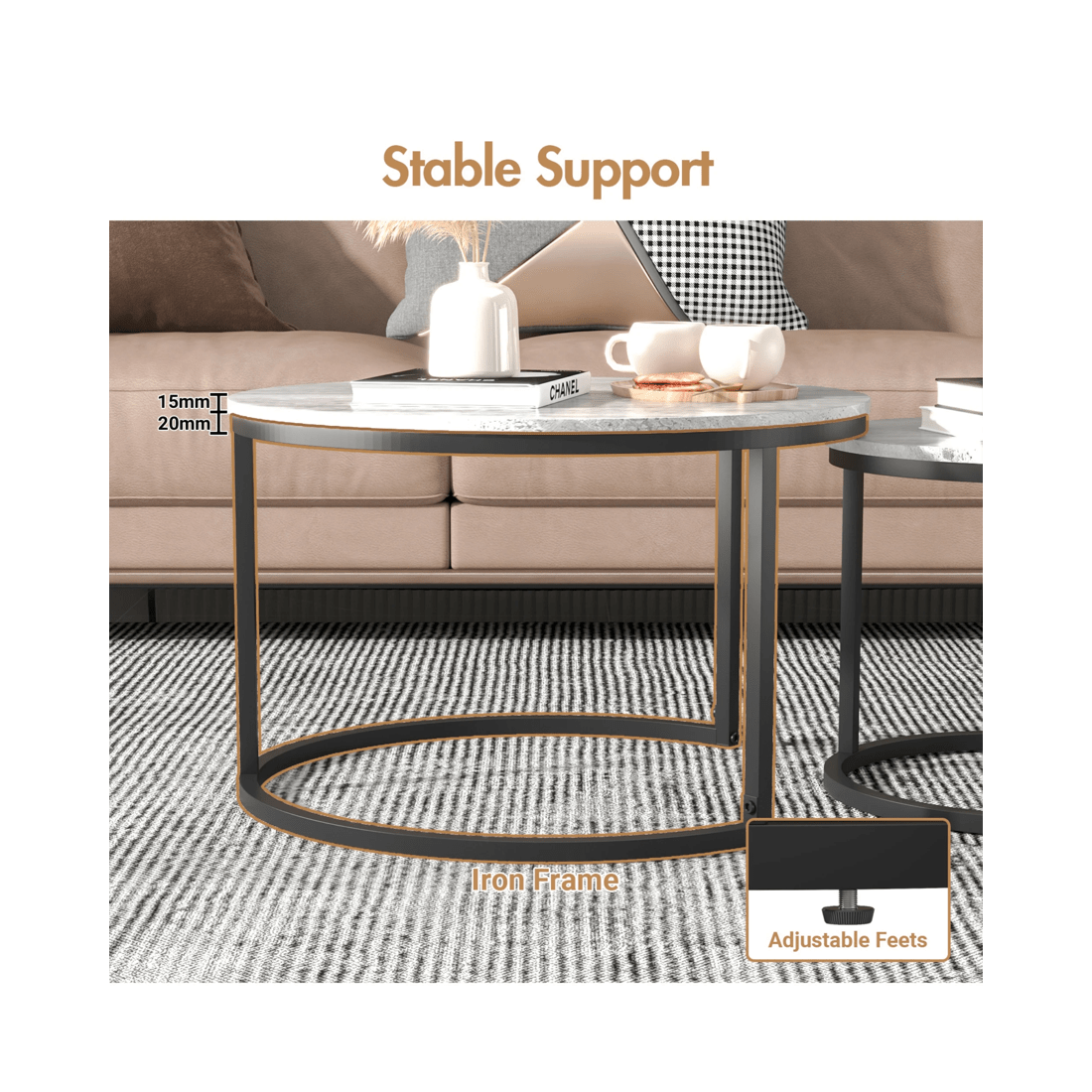 7 Advwin Nesting Coffee Table Marble Finish 70 & 50cm Round Grey, 7 of 8