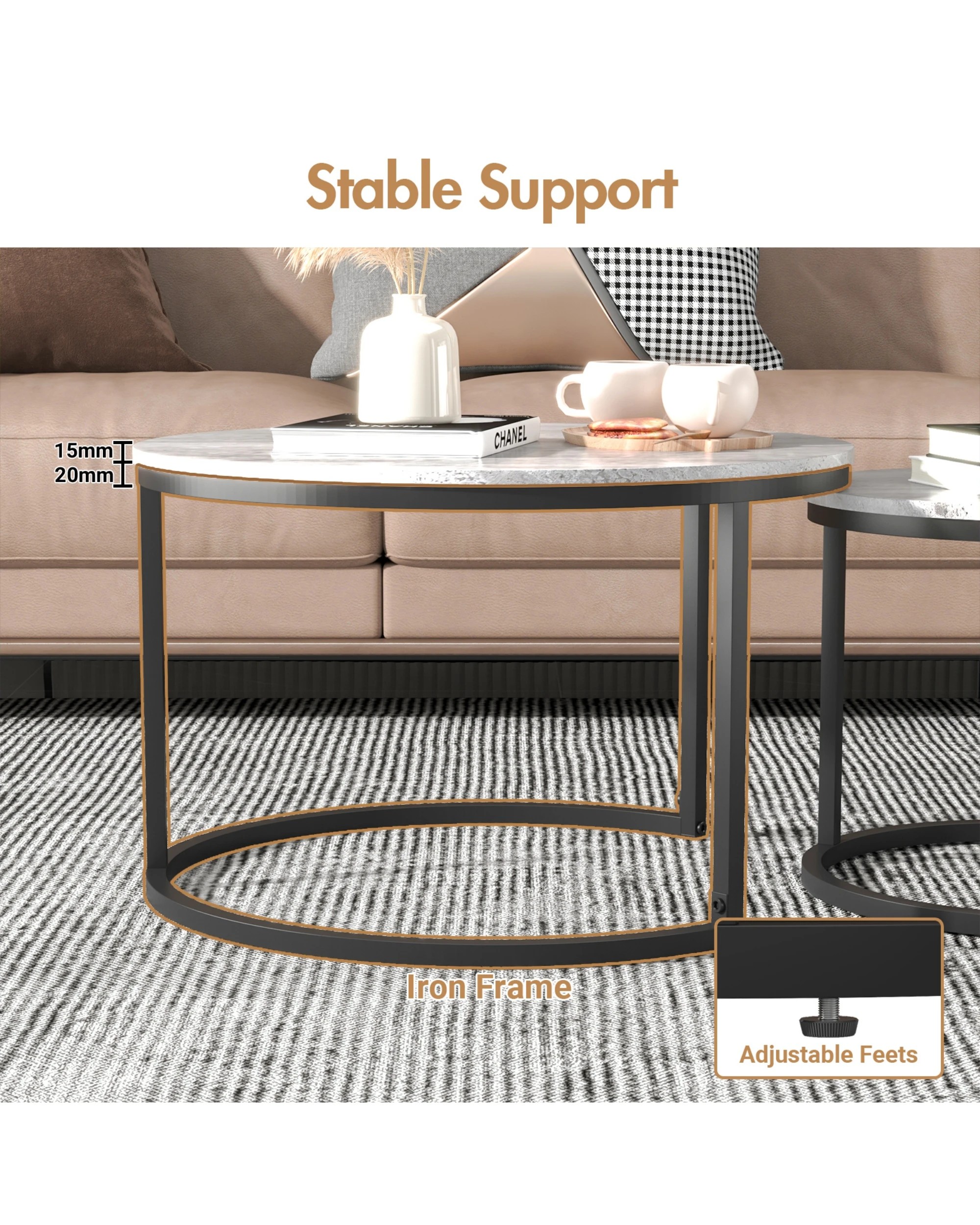 4 Advwin Nesting Coffee Table Marble-look PVC Finish 70 & 50cm Round Grey, 4 of 7