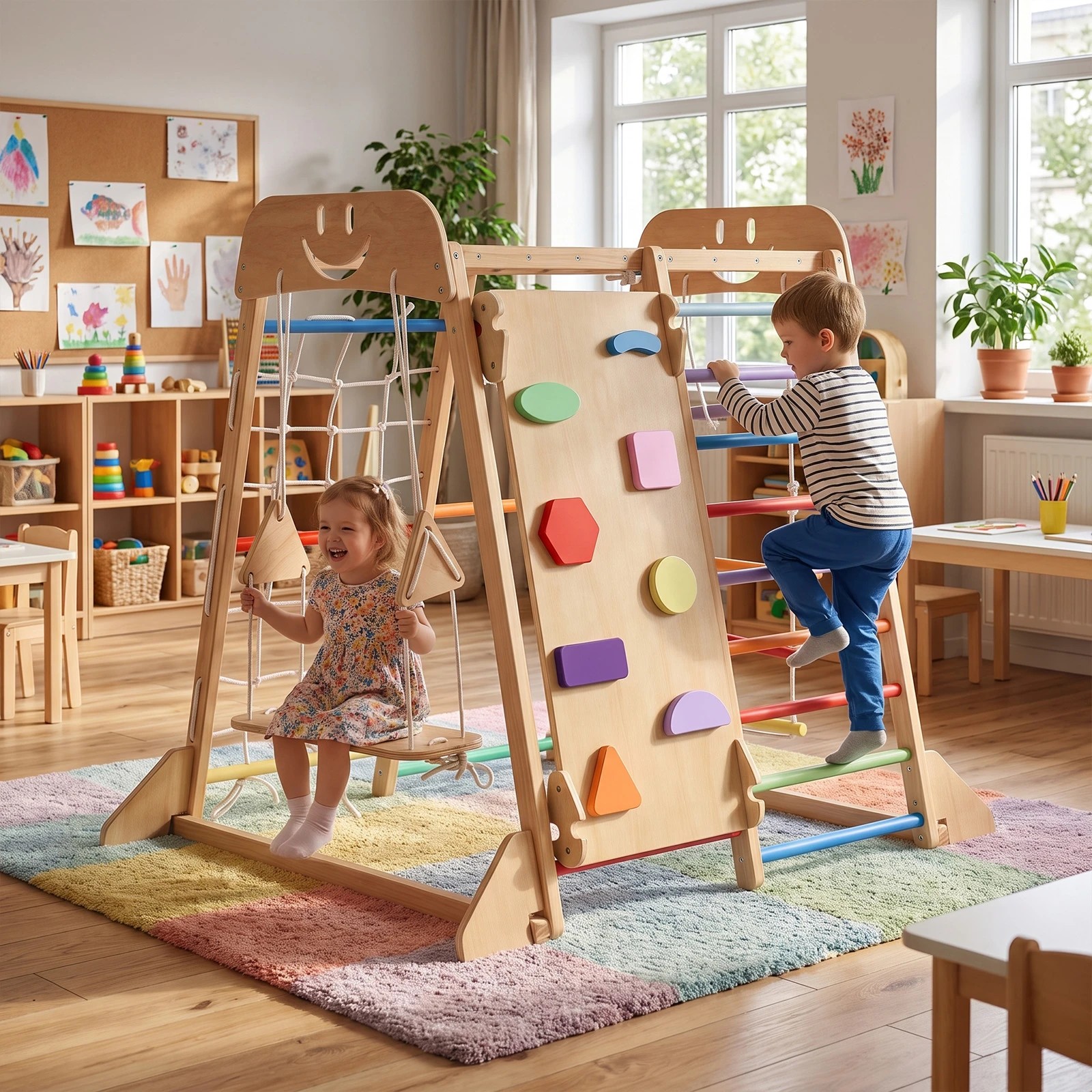 5 Advwin  Kids Climbing Frame with Slide and Swing Montessori Wooden Climbing Set with Monkey Bars and Rope Ladder - Multi, 5 of 9