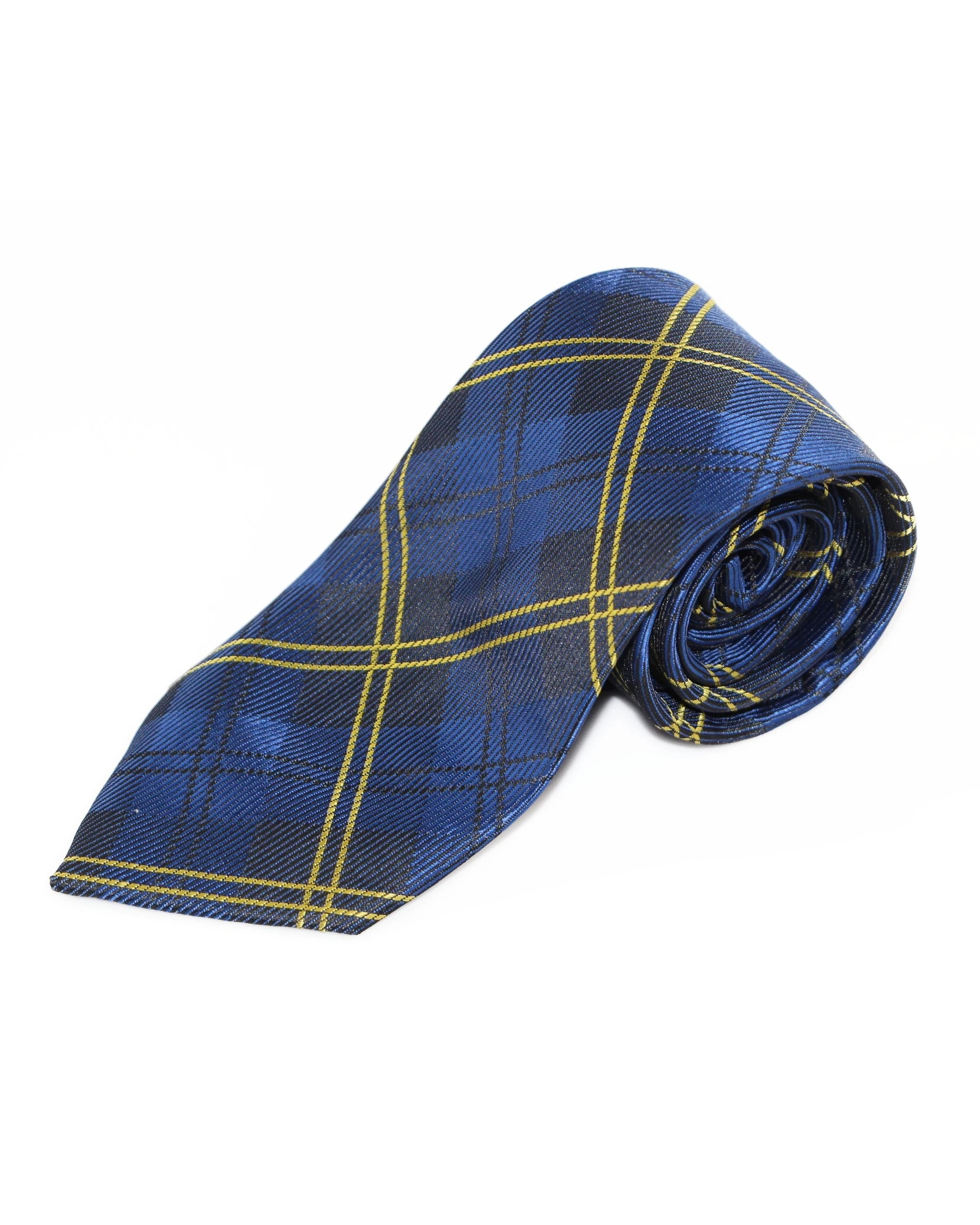 2 Zasel Mens Navy Blue & Yellow Plaid Striped Patterned 8cm Neck Tie, 2 of 2