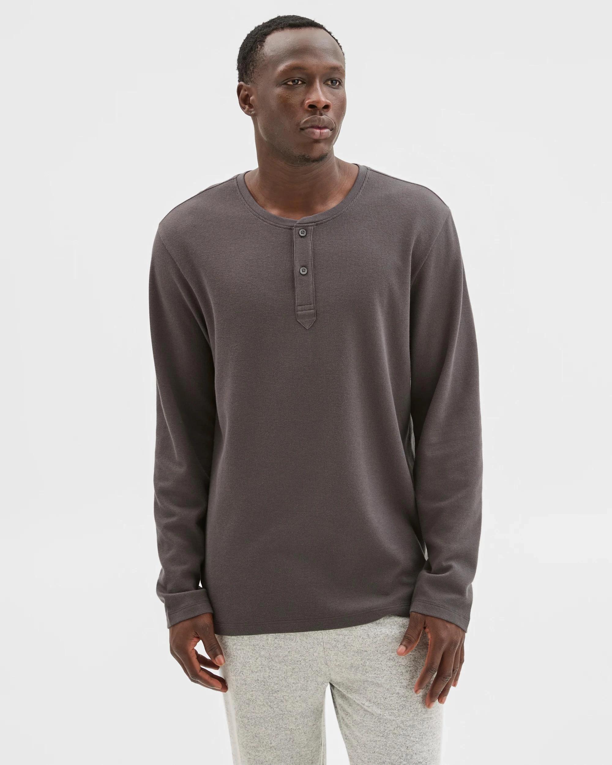 3 Maxx Australian Cotton Blend Waffle Henley Sleep Top BLACK OYSTER, 3 of 5