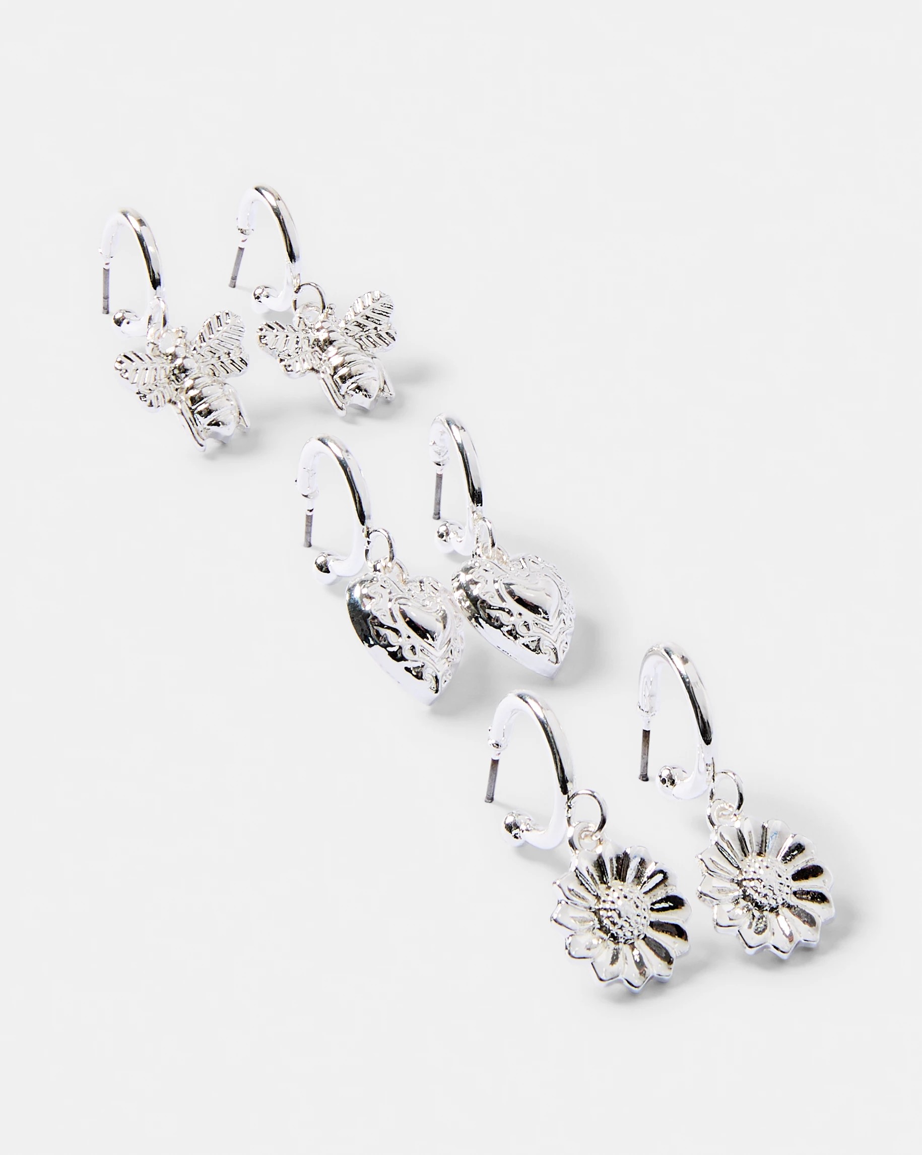 2 3 Pack Flower, Bee and Heart Earrings - Silver Tone, 2 of 7