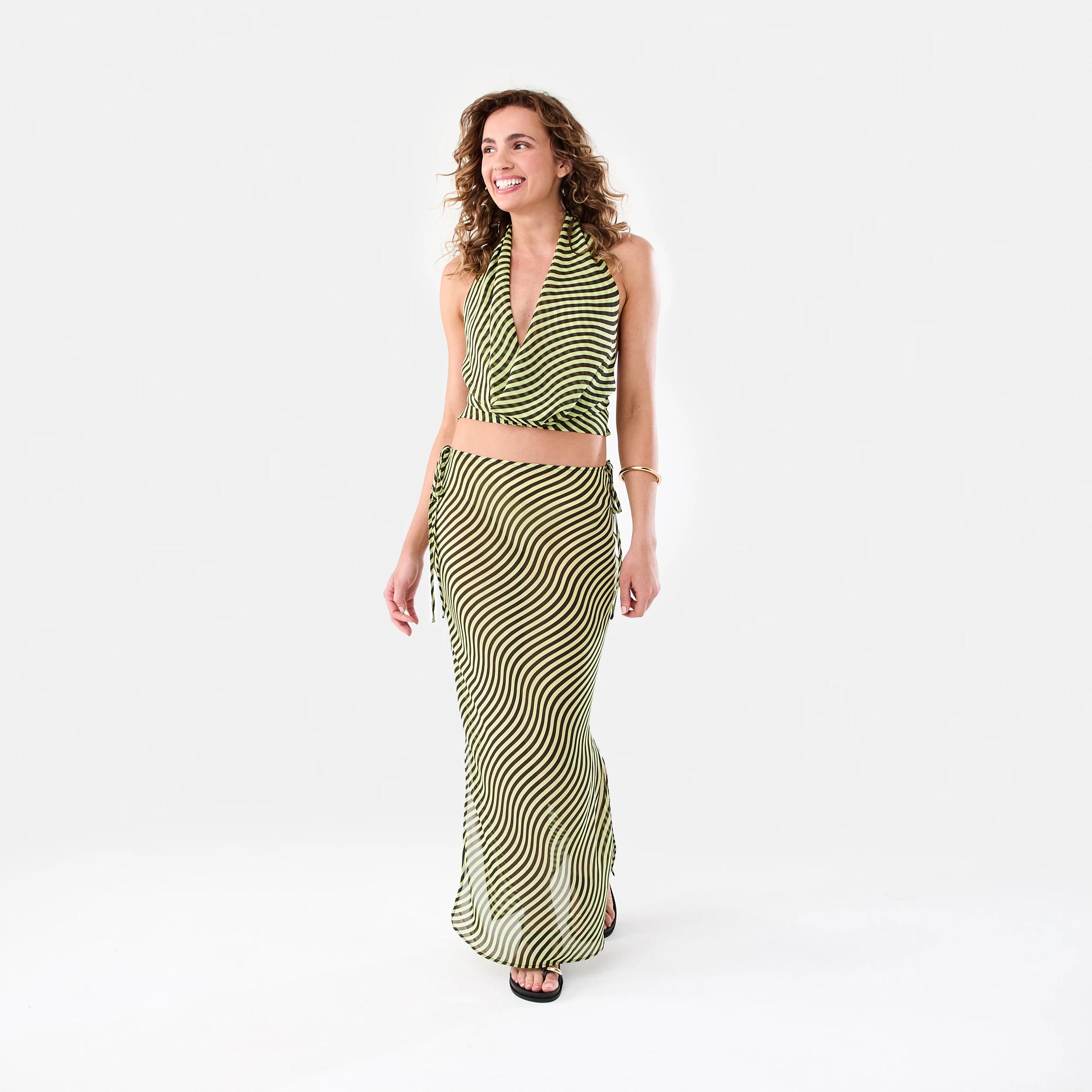 2 Print Tie Side Maxi Skirt Lime Wave, 2 of 6