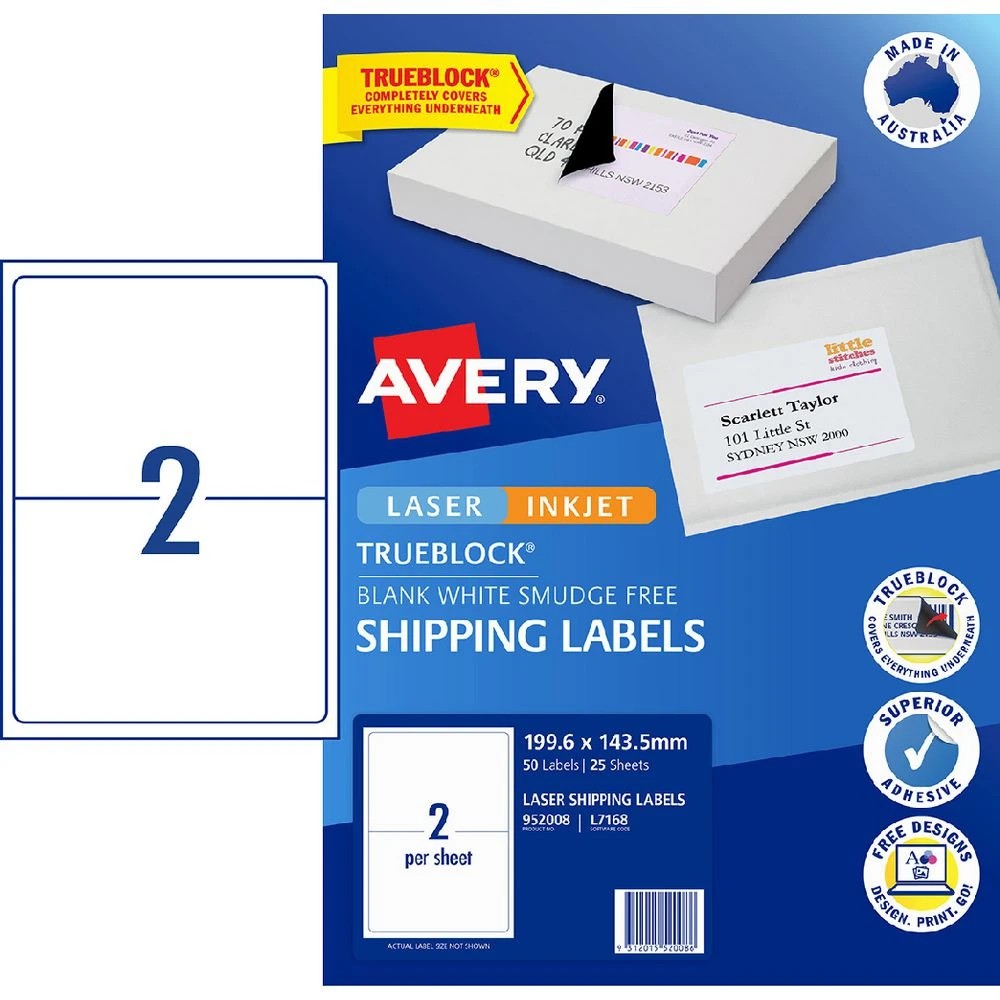 1 Avery 2UP Inkjet Laser Shipping Labels White 25 Sheets, 1 of 8