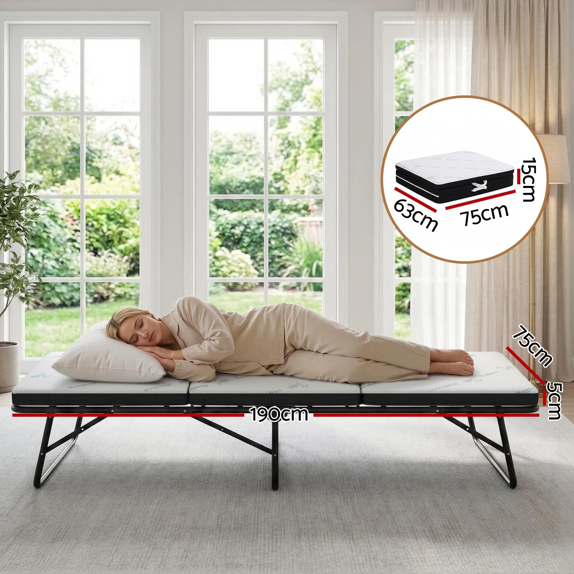2 Giselle Bedding Folding Mattress 5cm Single Foldable Foam Bamboo Bed Mat - Single Bed - Black, 2 of 4