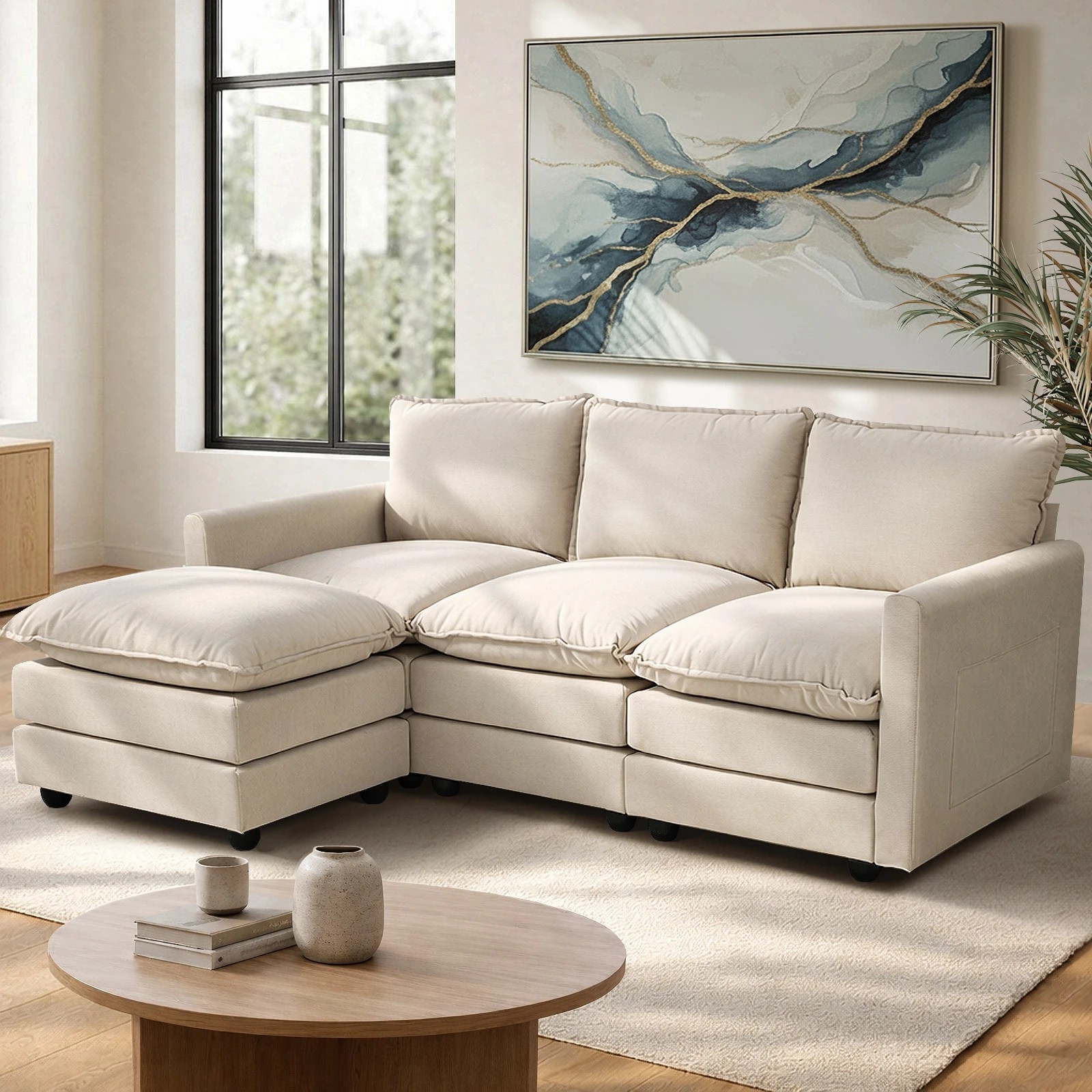 3 Oikiture Sofa Ottoman Set Modular Couch Lounge - Beige, 3 of 10