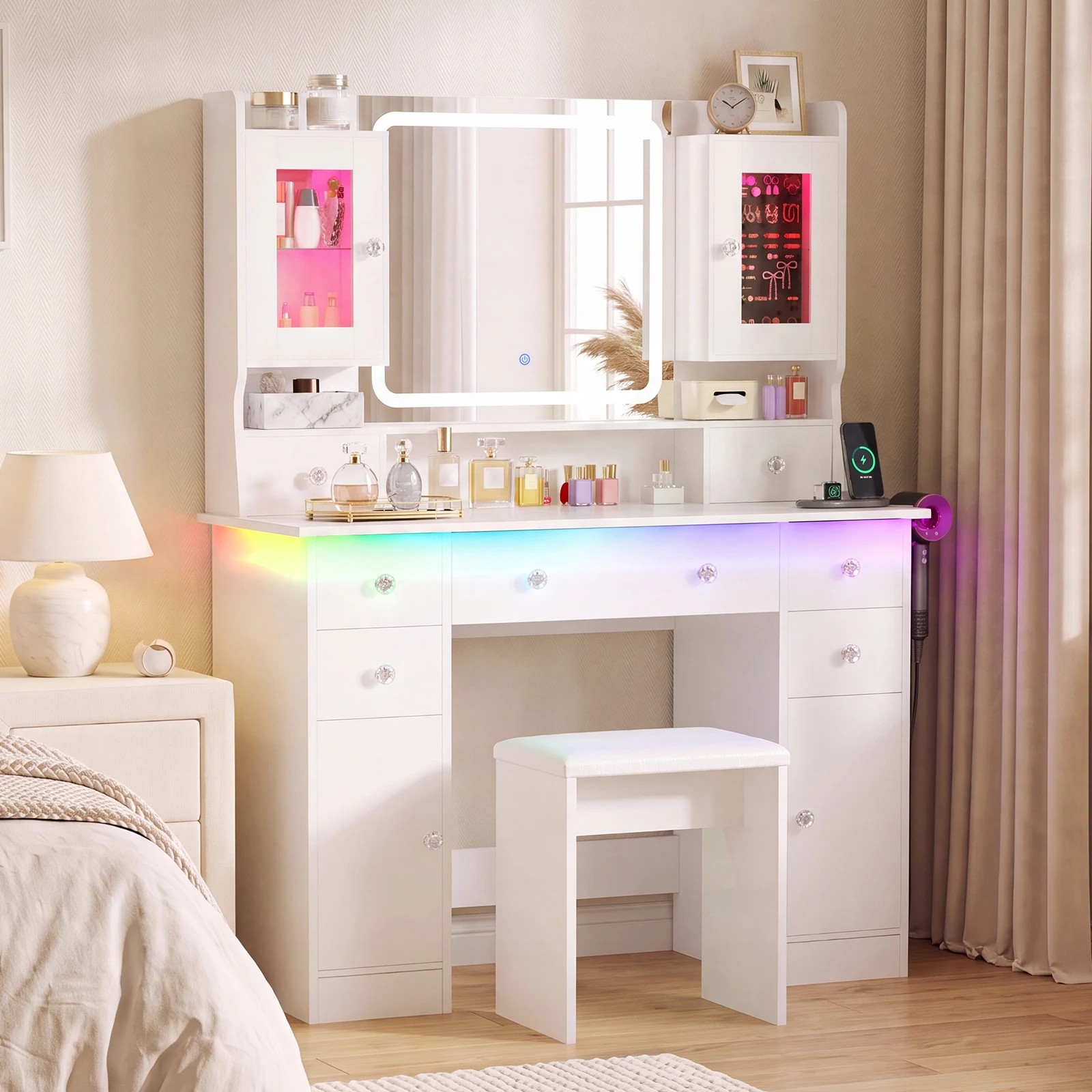 9 Advwin Makeup Vanity Desk w/ Mirror & RGB Lights Charging Station 7 Drawer - White, 9 of 10