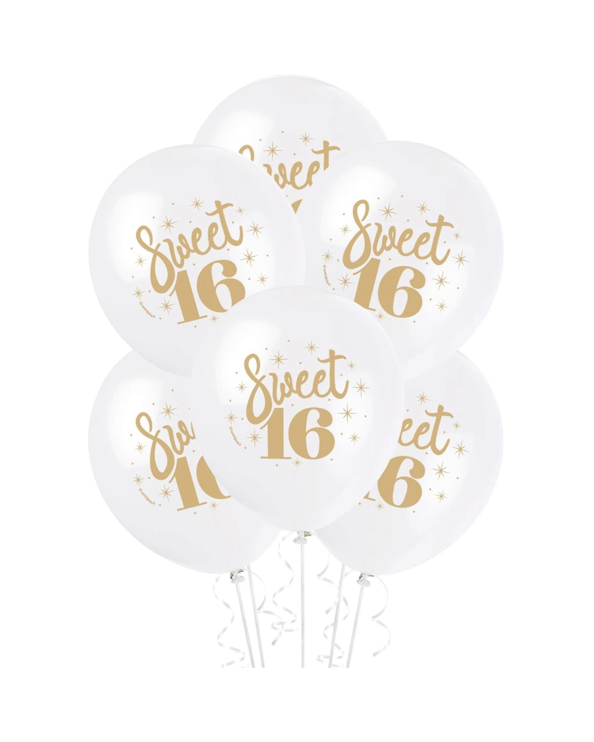 1 Unique Sweet Sixteen White and Balloons Pack of 8 - Gold, 1 of 2