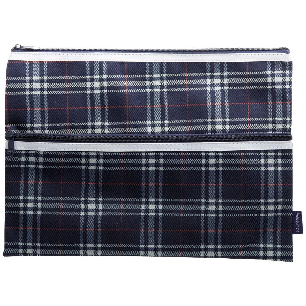 1 Studymate Twin Zip Pencil Case Blue Large Tartan, 1 of 4