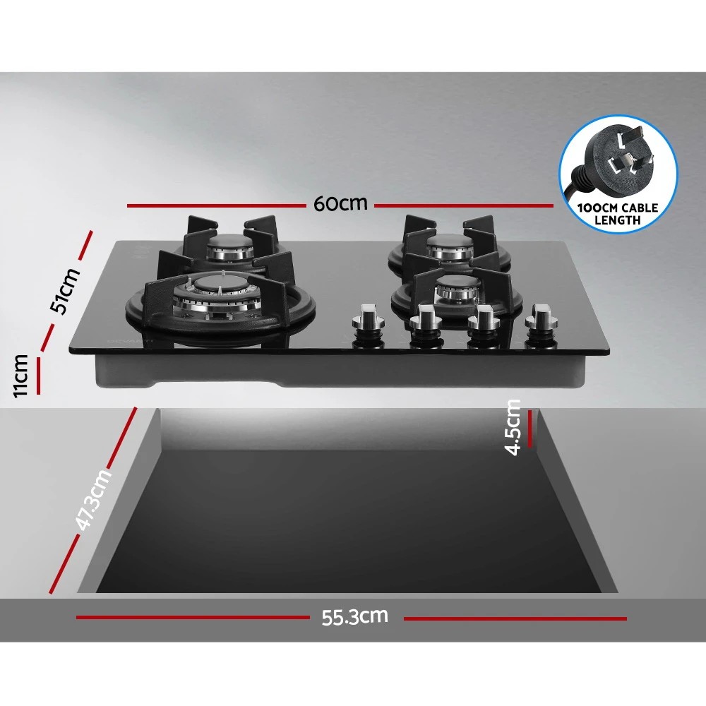 2 Devanti Gas Cooktop 60cm 4 Burner - Black, 2 of 7