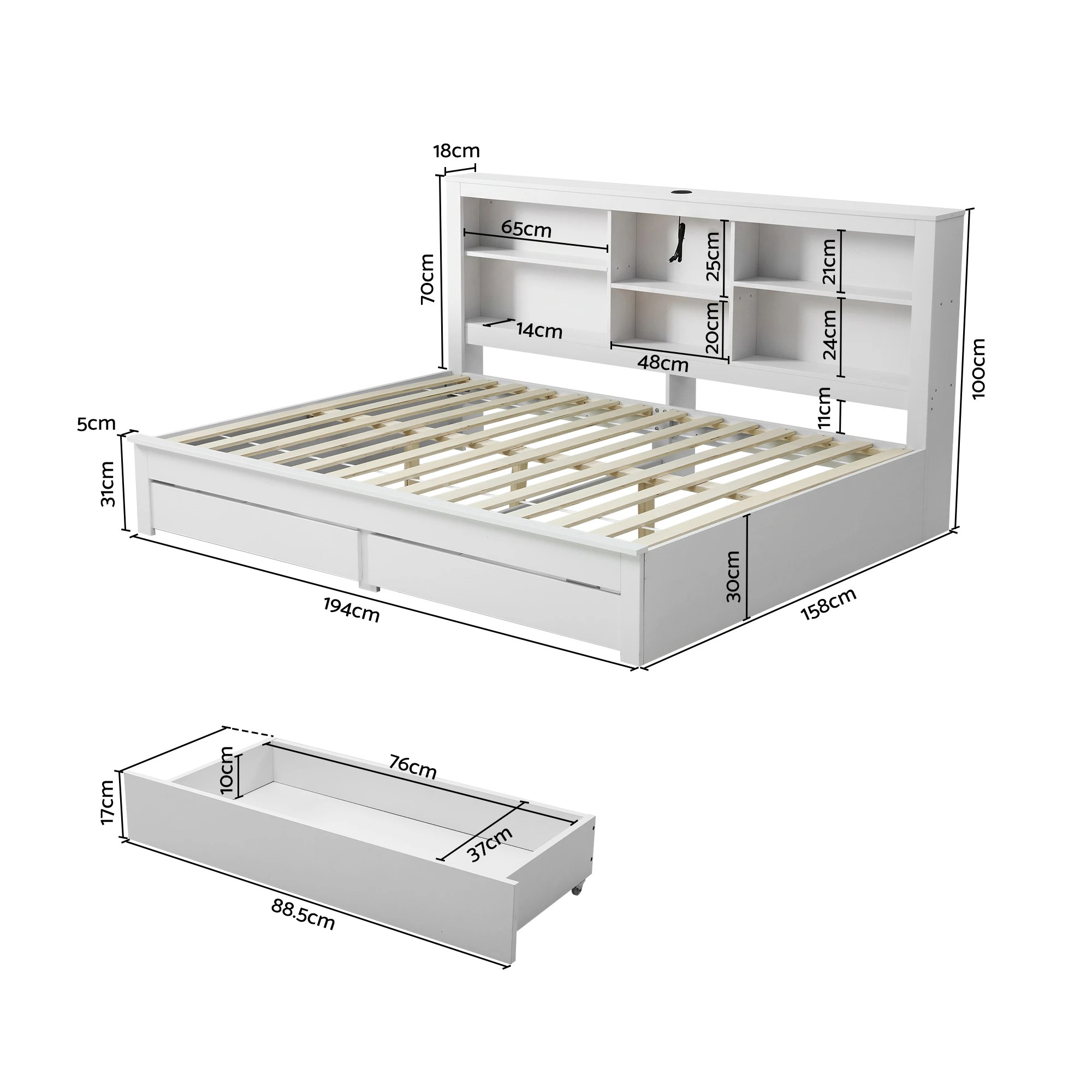2 Artiss Solid Wood Double Platform Bed Frame with Storage Headboard, Charging Station and Drawers - White, 2 of 7