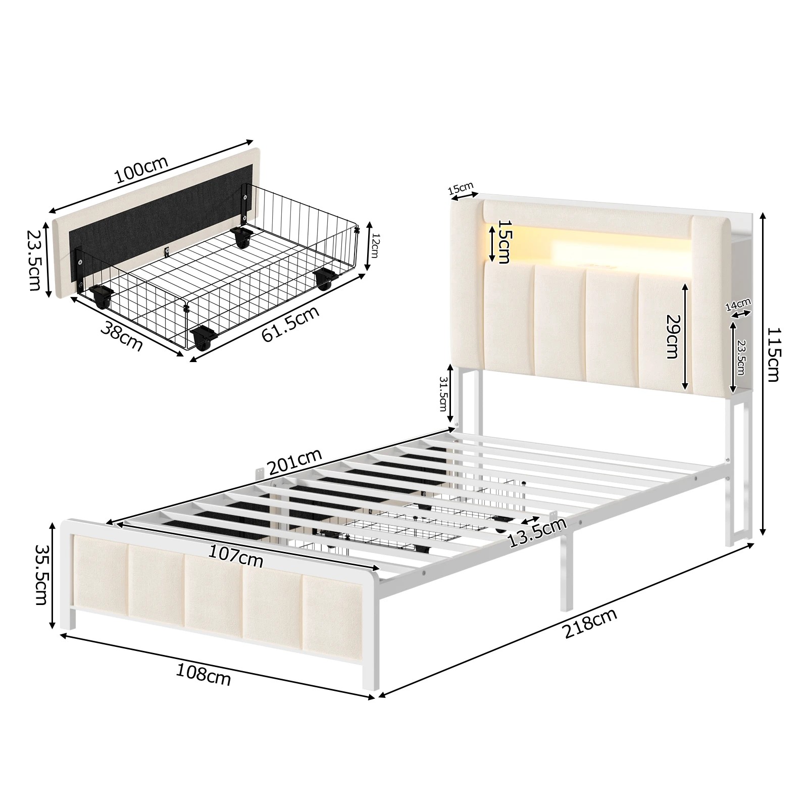 3 Advwin Kingsingle Bed Frame with LED Shelves and Charging Station - Beige, 3 of 7