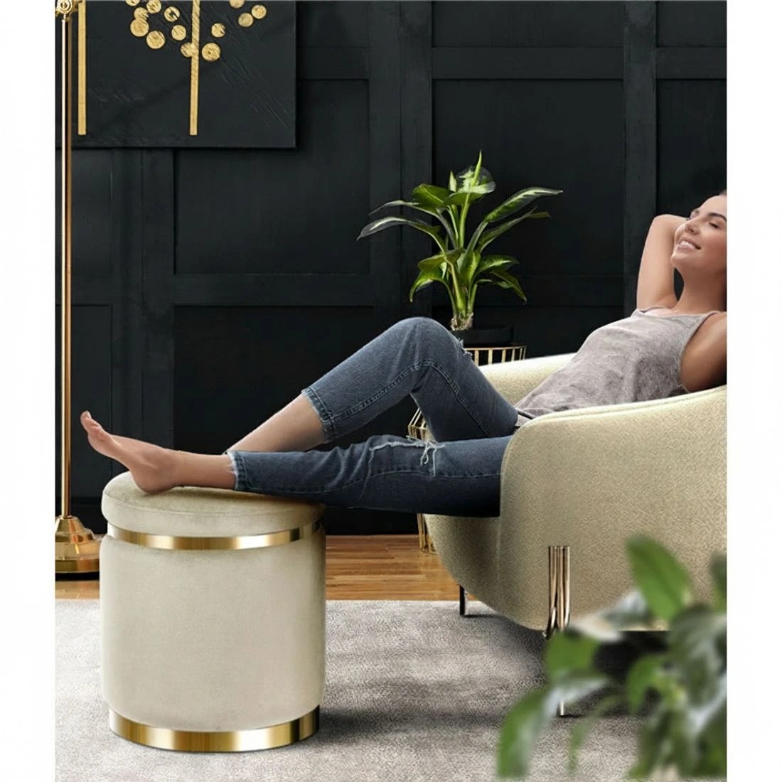 3 Artiss Ottoman Foot Stool Round Velvet Cream - Beige, 3 of 5