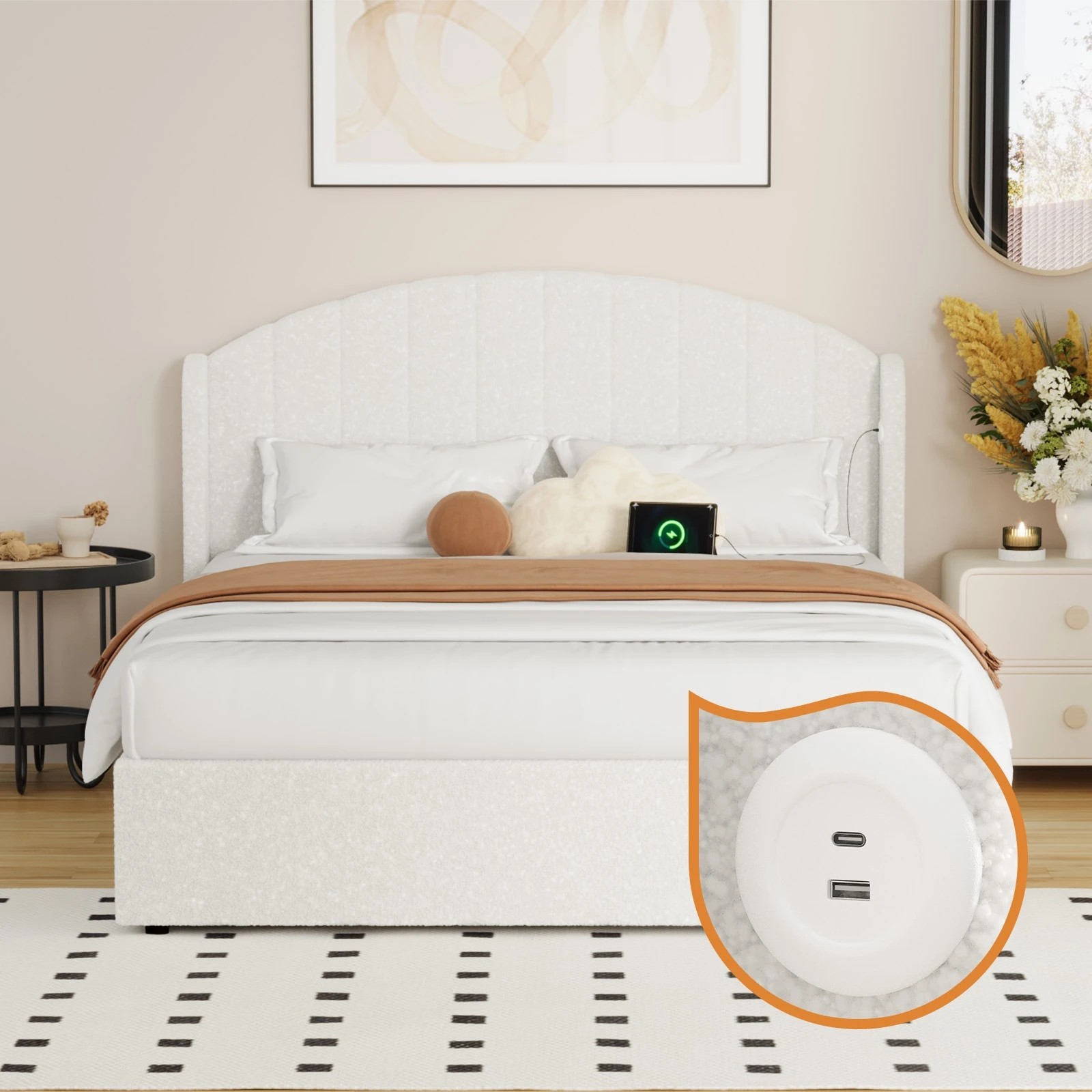 5 Oikiture Bed Frame Queen Size With Gas Lift Storage USB Charging Boucle - White, 5 of 8