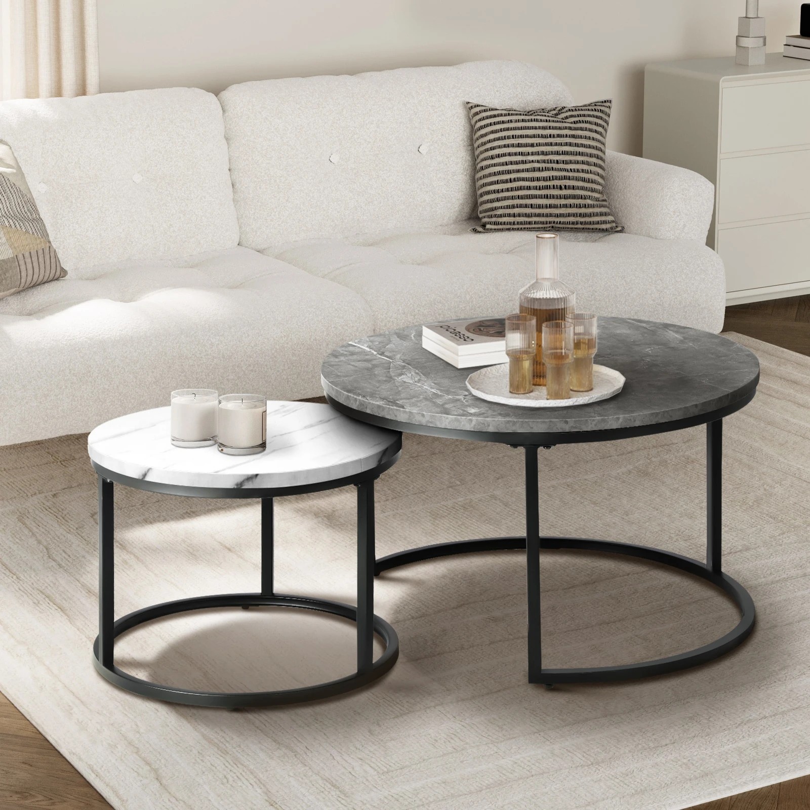 2 Oikiture Set Of 2 Coffee Table Round Marble-like Nesting Side Tables
 - Multi, 2 of 10