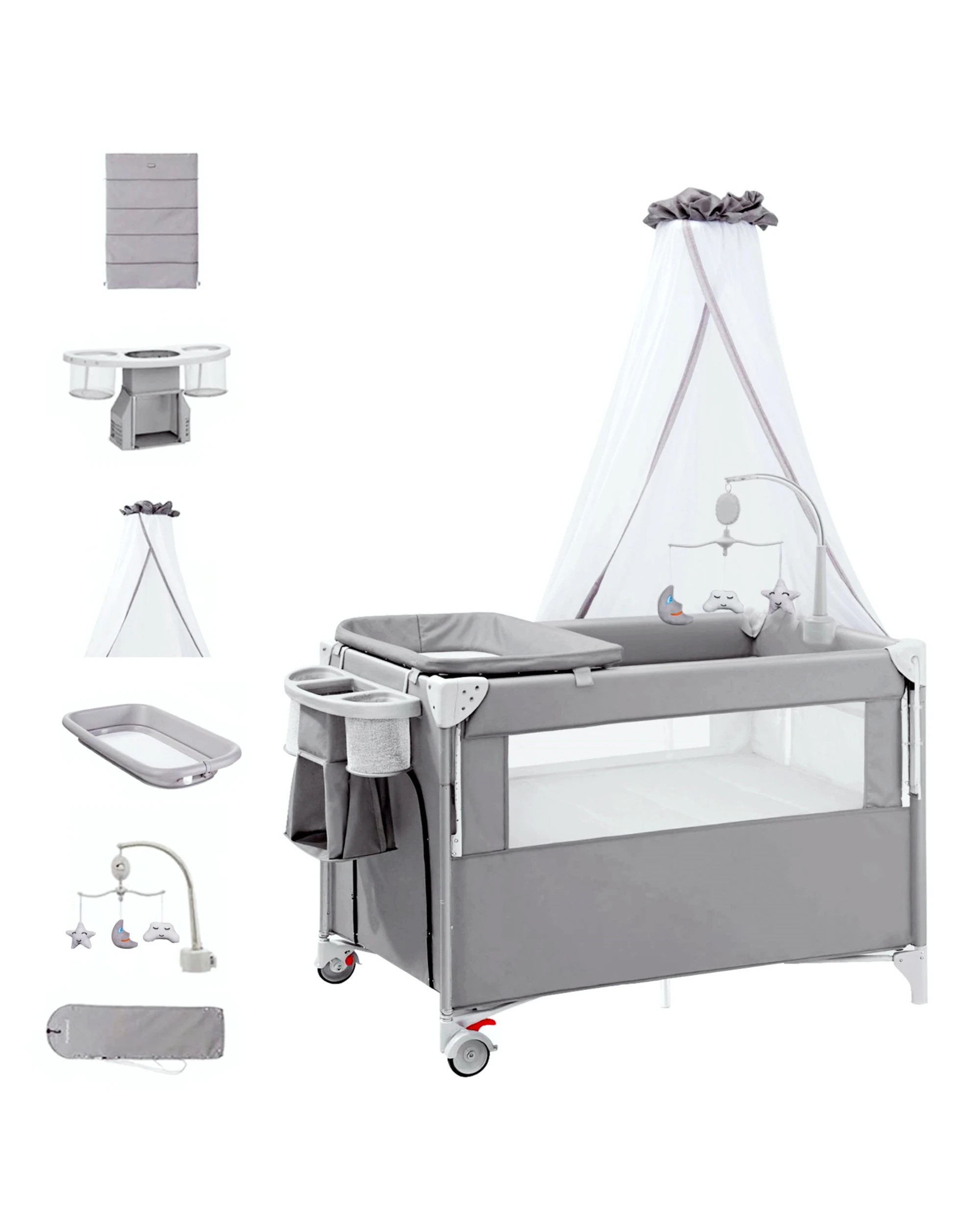 1 Advwin Foldable Baby Portacot with Diaper Changer Bedside Crib with Mattress Bassinet Playard with Musical Bell Hanging, 1 of 10