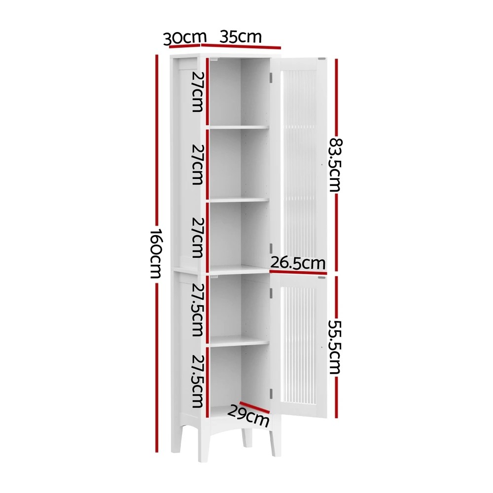 2 Artiss 2X Bathroom Storage Cabinet 160cm Tall Slim Cupboard Toilet Glass Door - White, 2 of 8