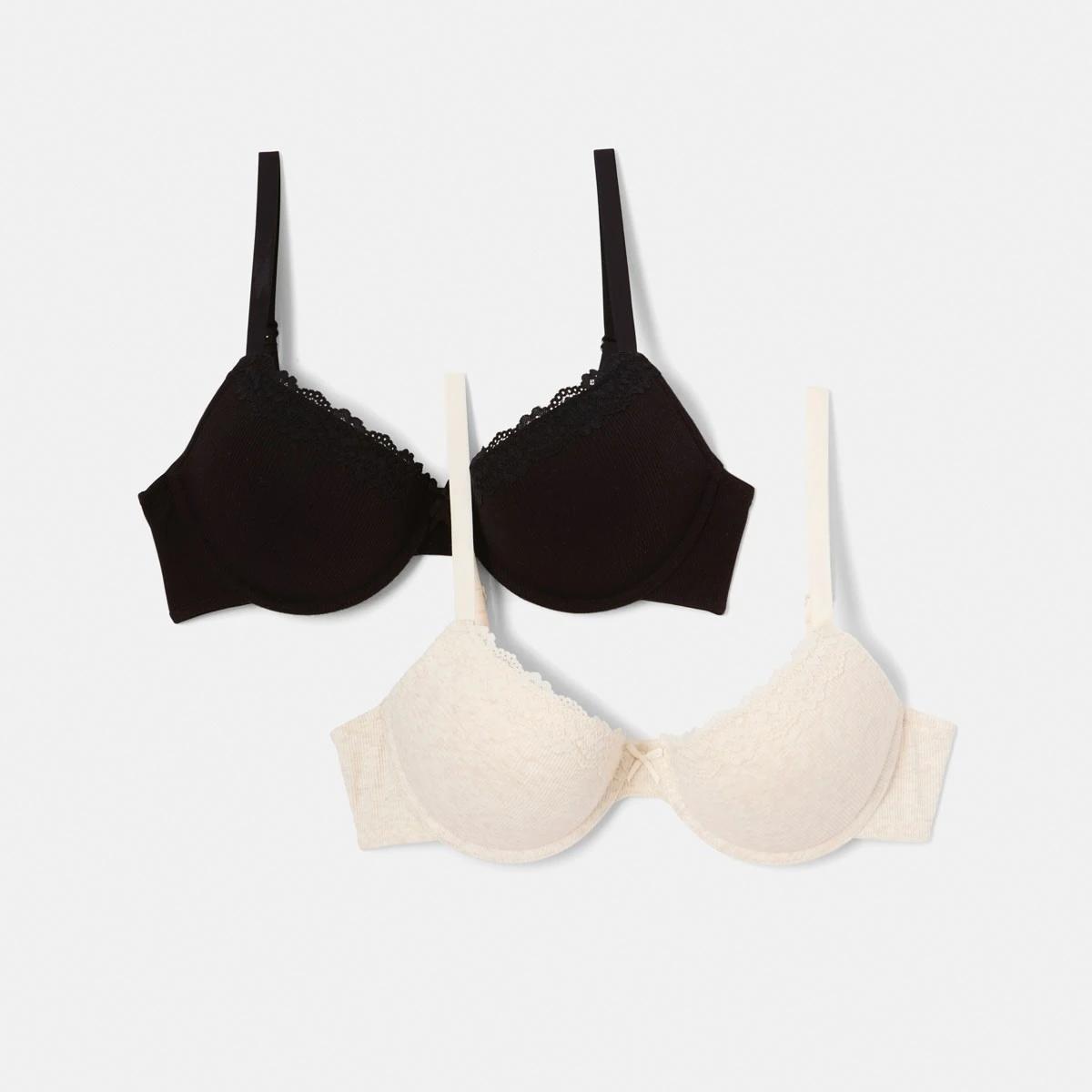 1 2 Pack Push-up Rib Lace Bra SOFT OAT MARLE, BLACK, 1 of 9
