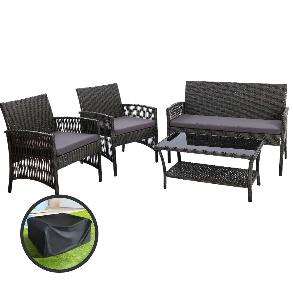 1 Gardeon 4PCS Outdoor Sofa Set with Storage Cover Wicker Harp Chair Table - Grey, 1 of 5