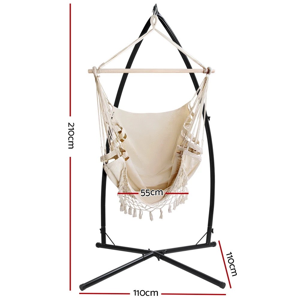 2 Gardeon Hammock Chair with Steel Stand Hanging Outdoor Tassel Cream - Multi, 2 of 6