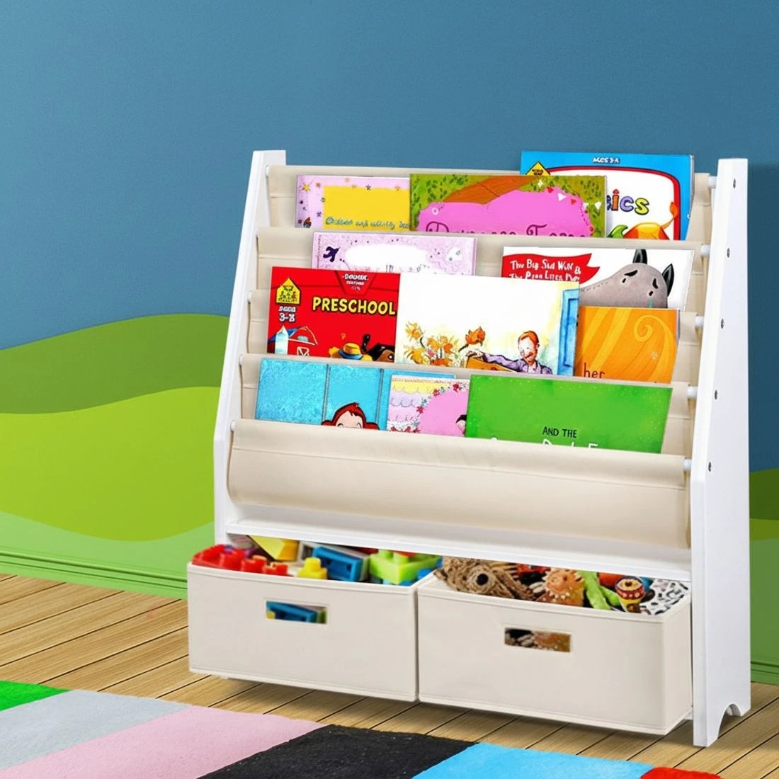 9 Keezi 4 Tiers Kids Bookshelf Magazine Rack Children Bookcase Organiser Drawer - White, 9 of 10