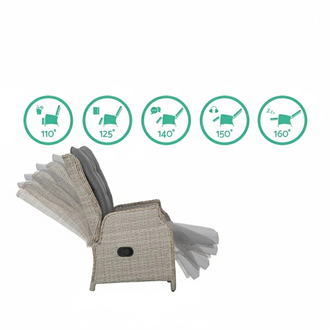 4 Gardeon 3PC Recliner Chairs Table Sun lounge Outdoor Furniture Wicker Adjustable - Grey, 4 of 5