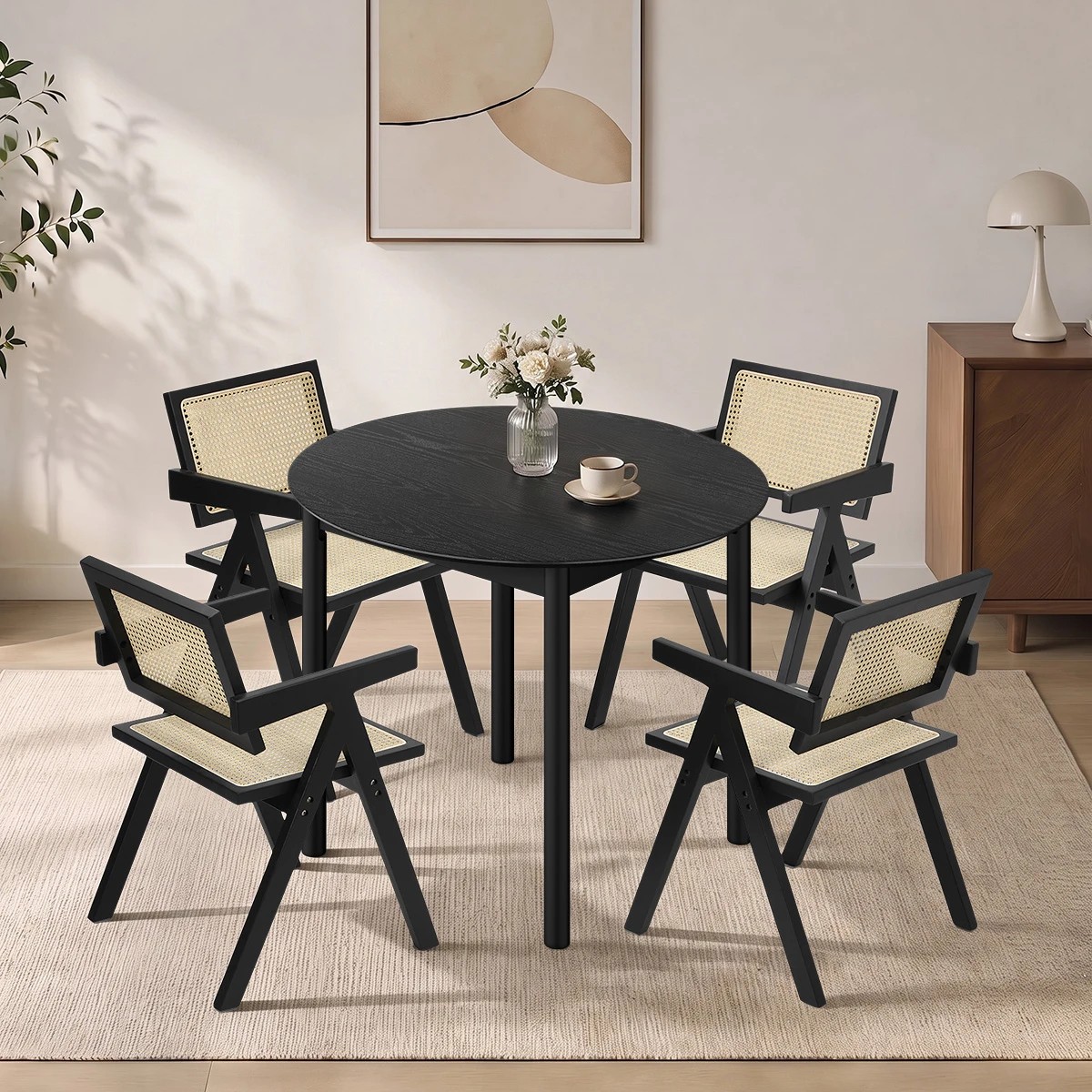 5 Oikiture 5PCS Dining Table Set Round Dining Table and Chairs Rubberwood - Black, 5 of 10
