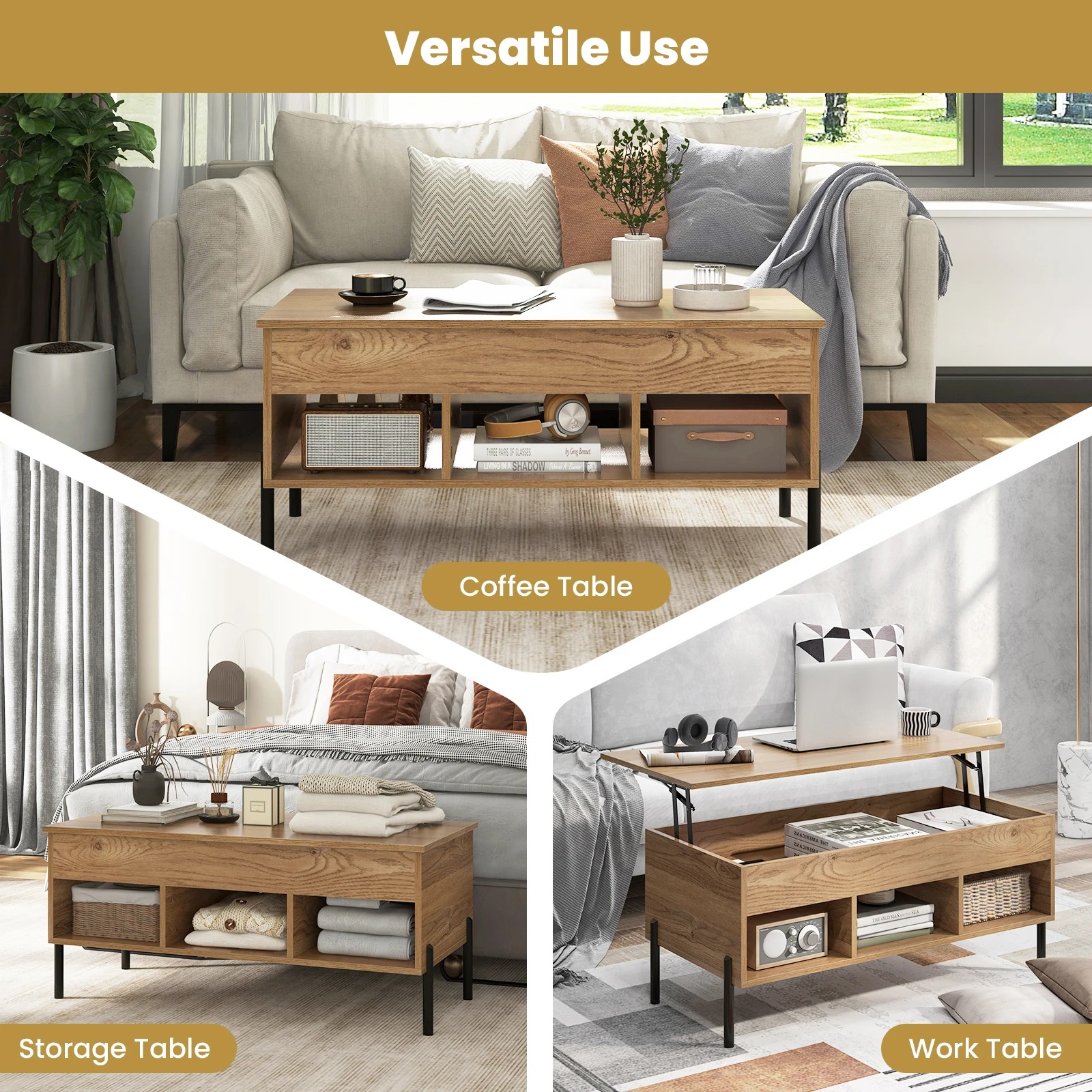 7 Costway Lift-Up Top Coffee Table w/3 Open Cubbies, 7 of 10