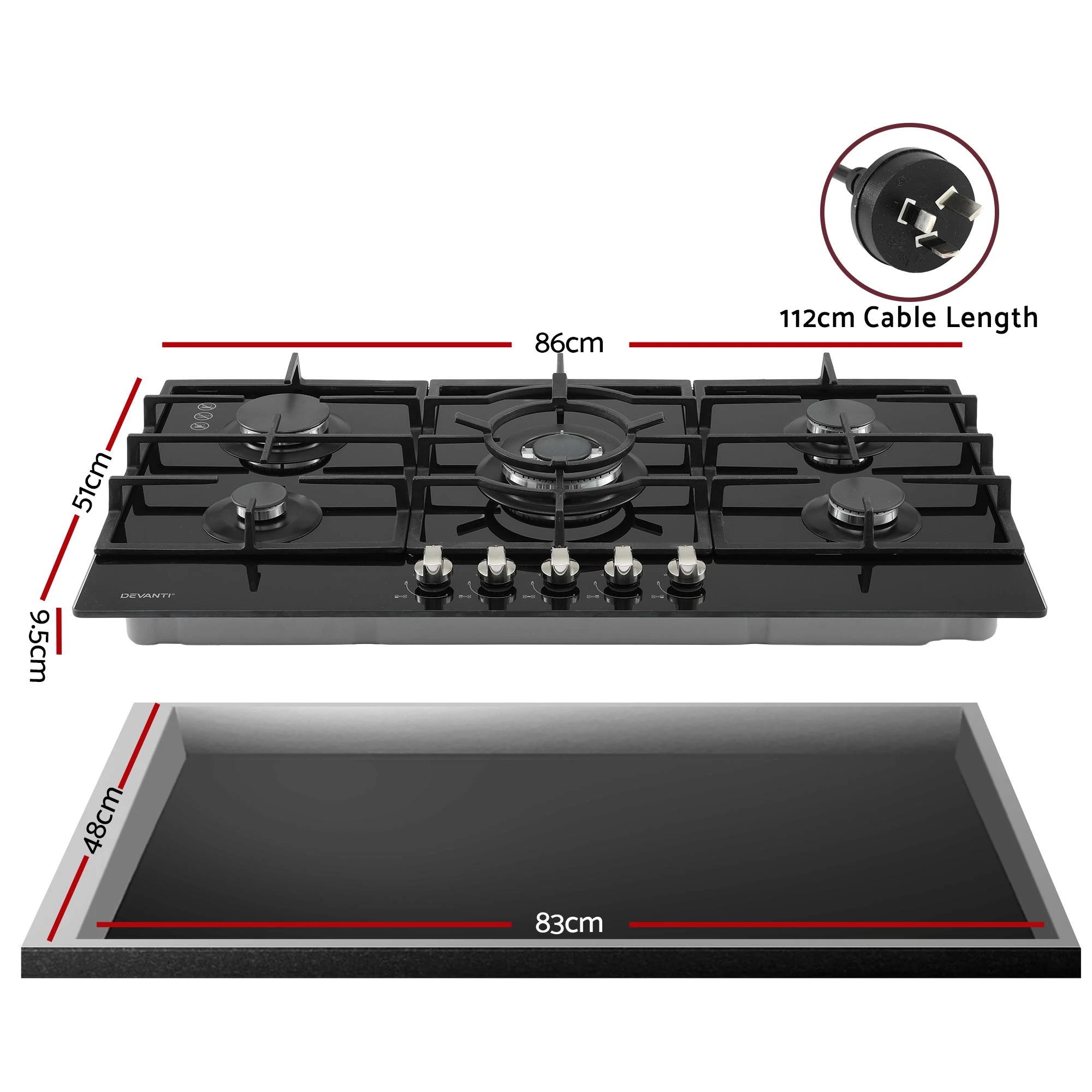 3 Devanti 90cm 5 Burner Gas Cooktop - Black, 3 of 9