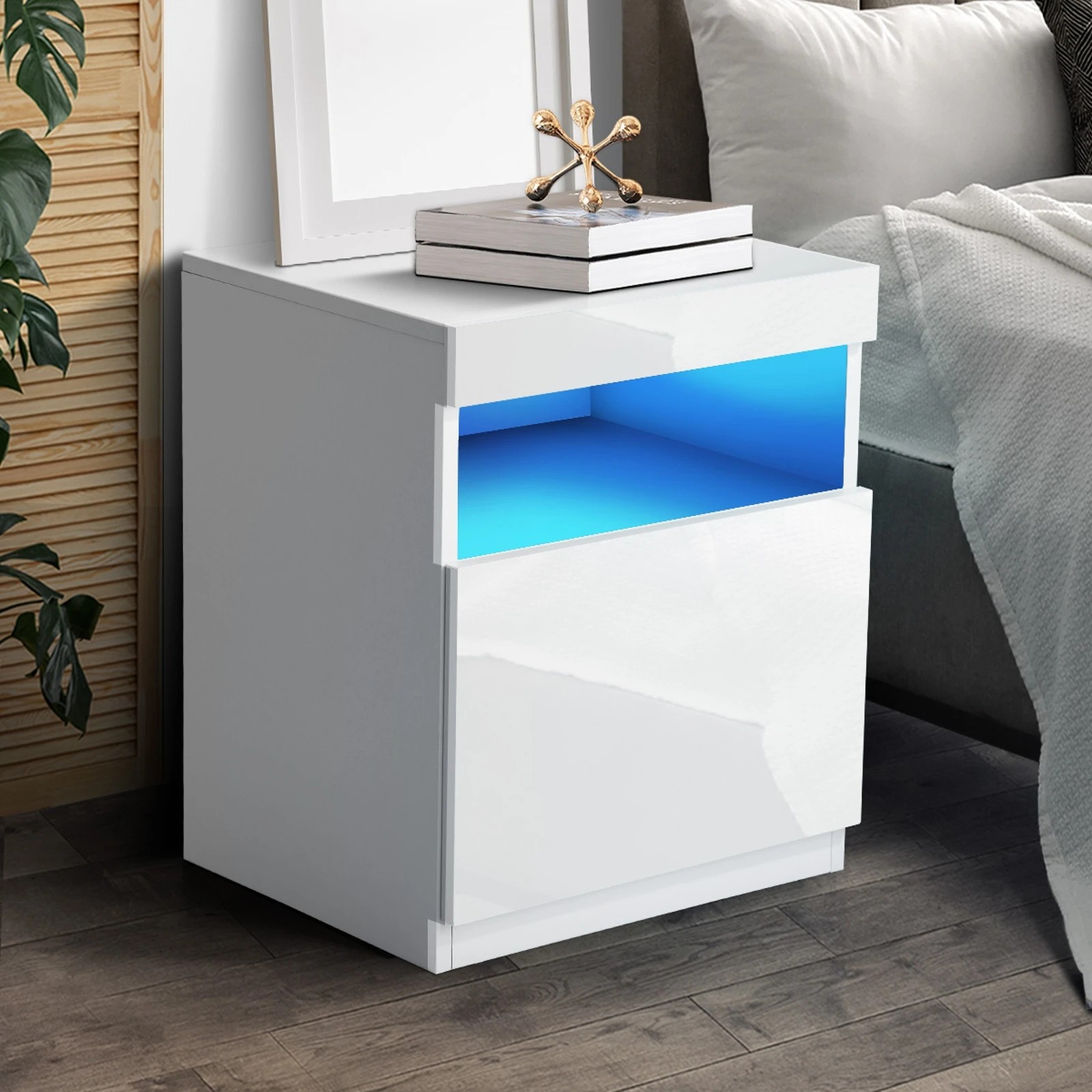 3 Oikiture Bedside Tables Set of 2 LED Nightstand Shelf Side End Table - White, 3 of 7
