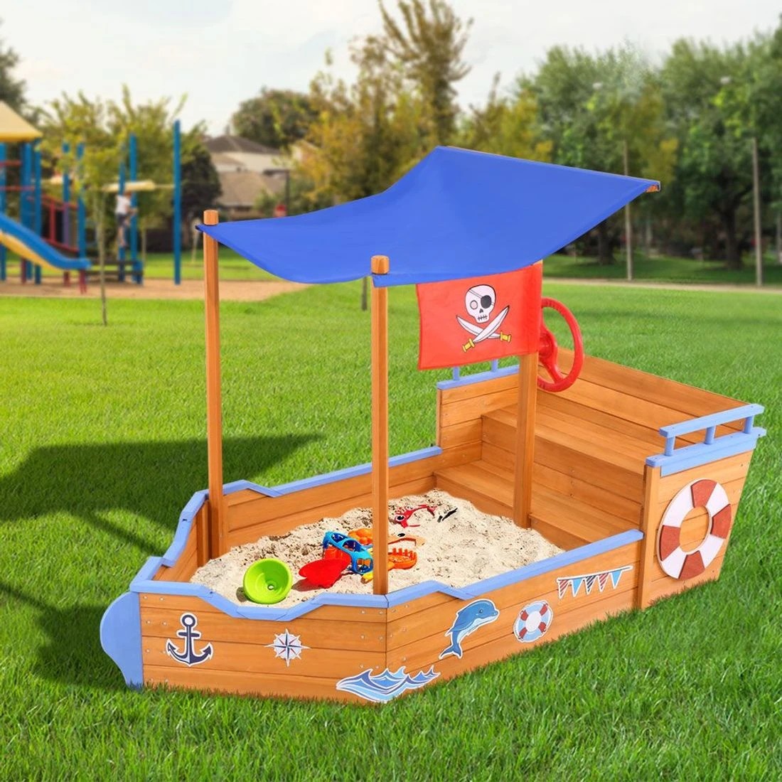 3 Keezi Kids Sandpit Wooden Boat Sand Pit with Canopy Bench Seat 165cm - Multi, 3 of 5