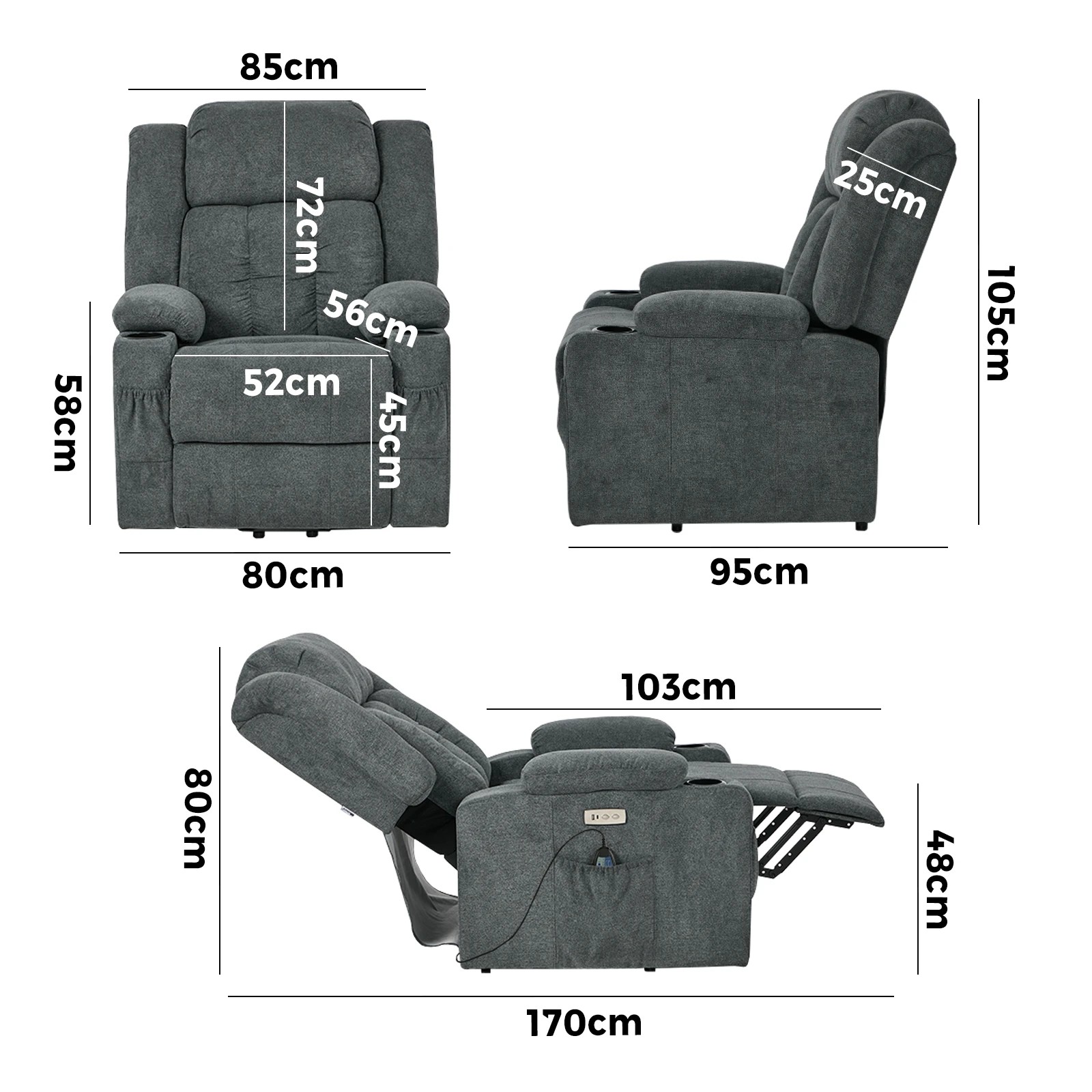 2 Oikiture Electric Lift Recliner Chair Heated Massage Armchair With 2 Charging Ports - Grey, 2 of 5