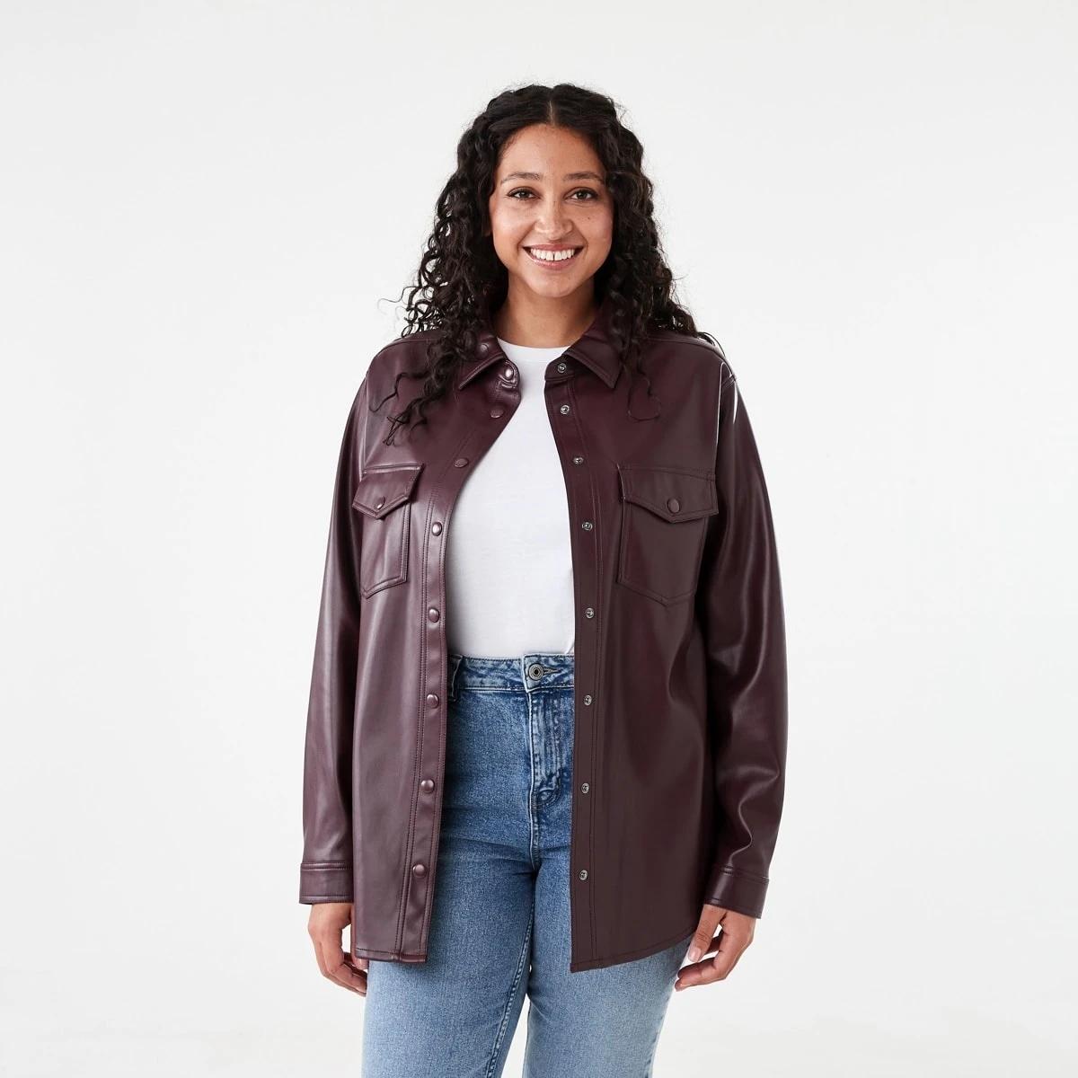 1 Long Sleeve Faux Leather Shirt Mulberry, 1 of 8