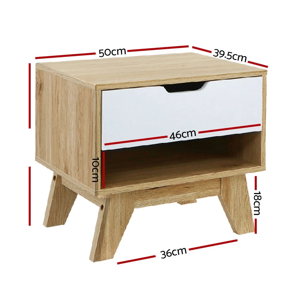 2 Artiss Bedside Table 1 Drawer with Shelf - IKER  & Oak - Multi, 2 of 7