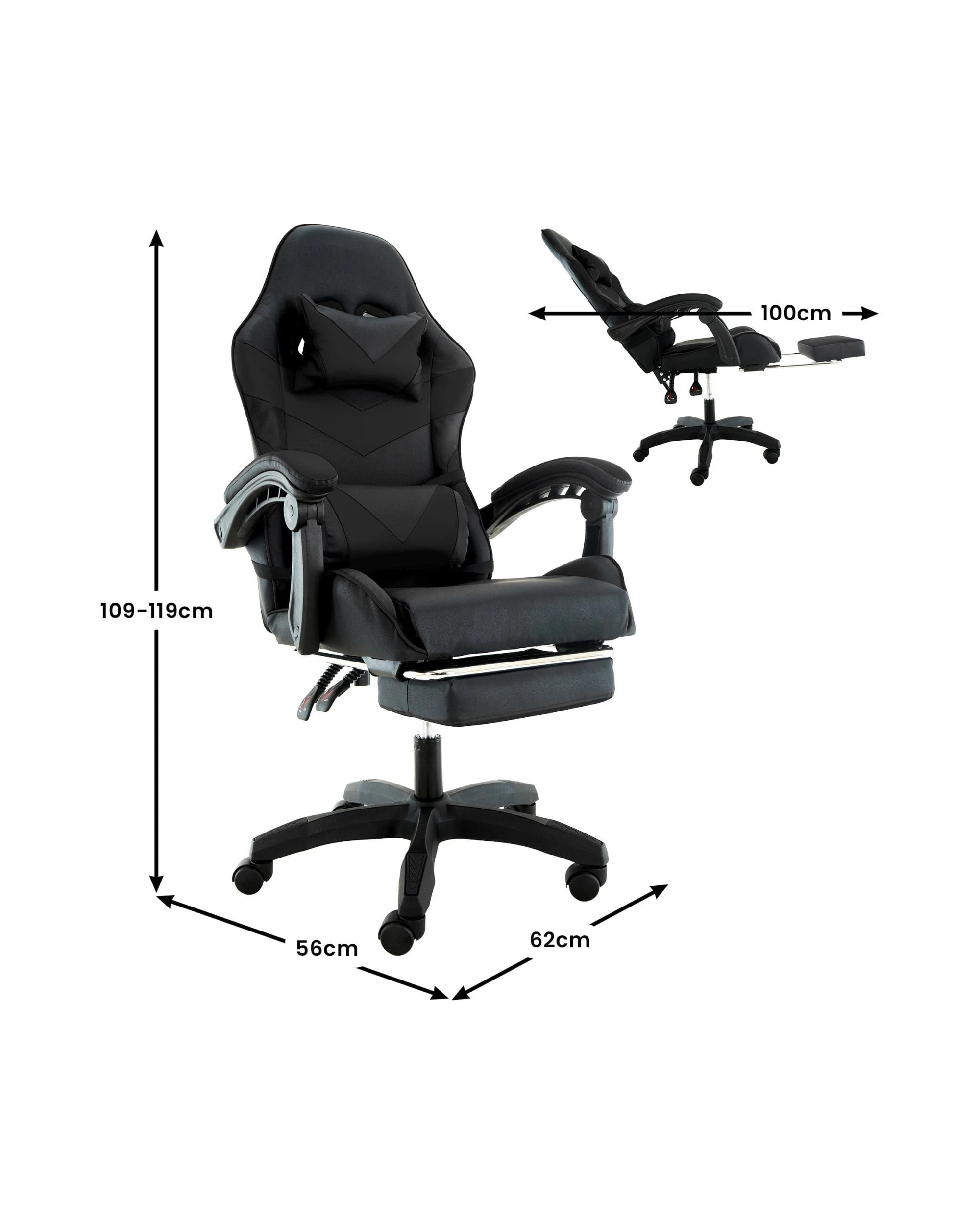 2 Sarantino Cueva Reclining High Back Office Gaming Chair Black Retractable Footrest Computer Seat, 2 of 5