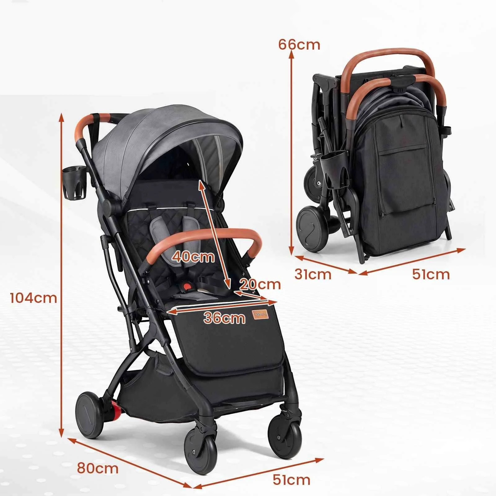2 Costway Adjustable Baby Stroller Compact Pram One-Hand Folding - Grey, 2 of 3
