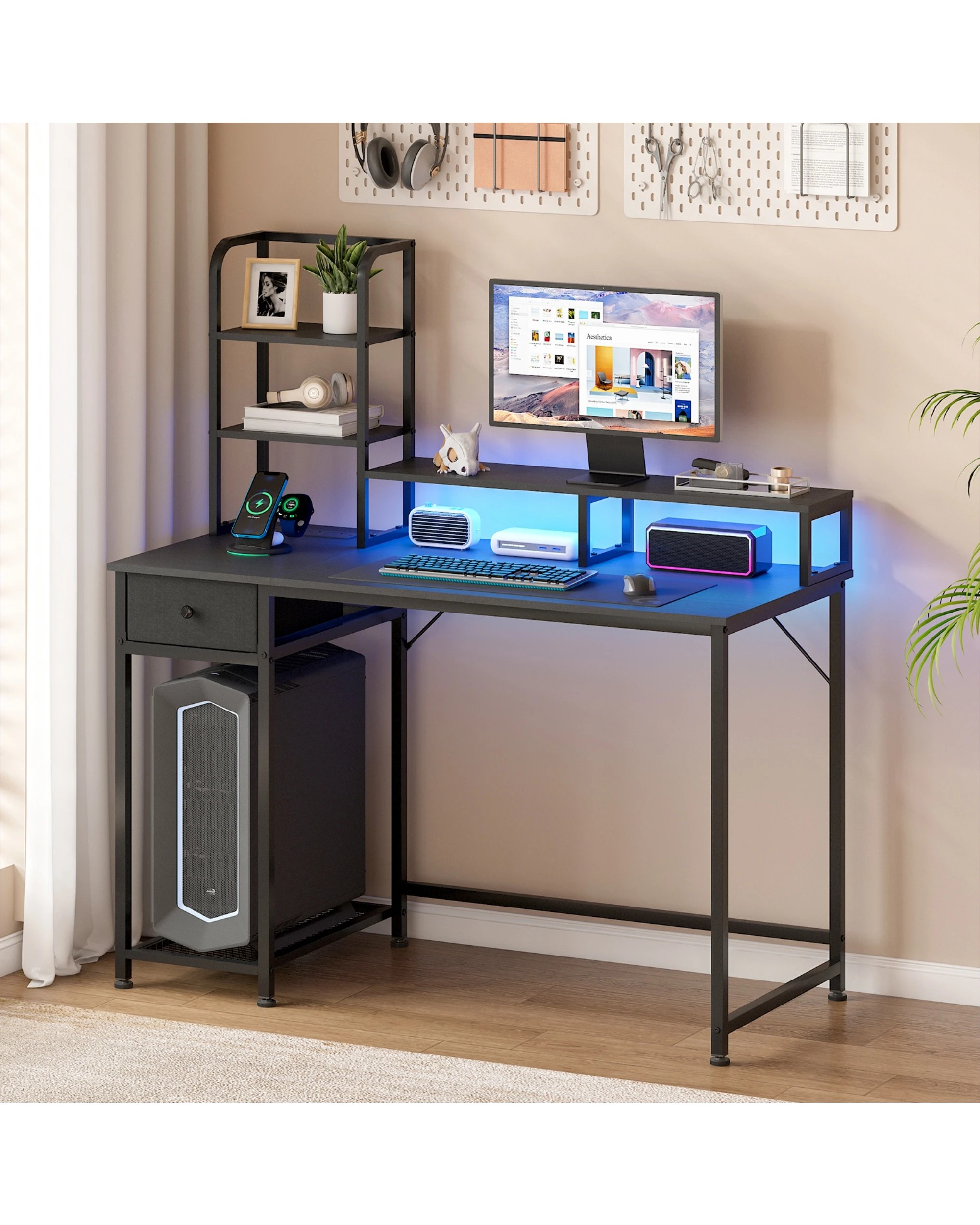 3 Advwin Reversible Computer Desk LED Gaming Desk Home Office Desk PC Table with Shelf Drawer, 3 of 9