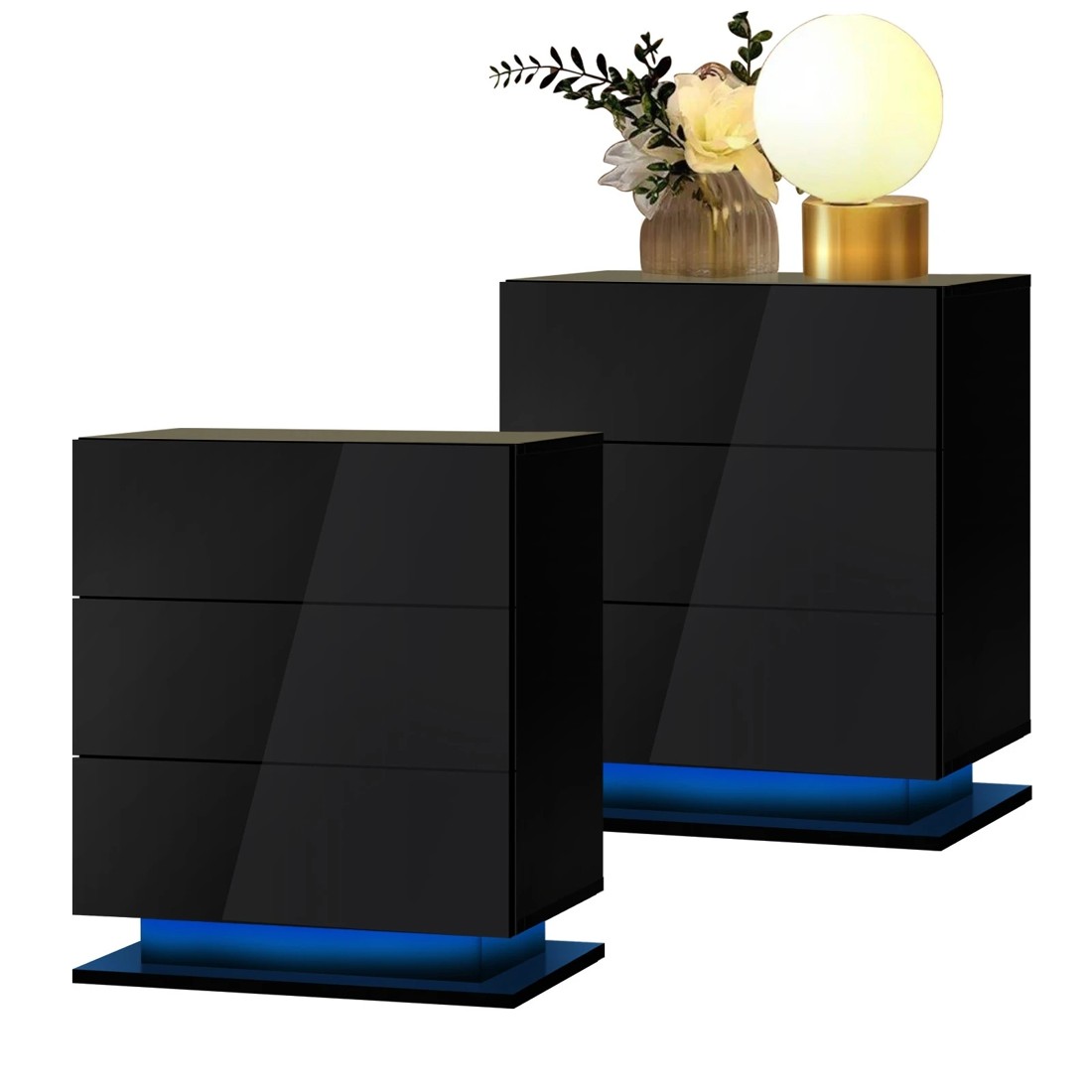 1 Oikiture Bedside Tables Set of 2 LED Nightstand Cabinet 3 Drawers Side Table - Black, 1 of 5