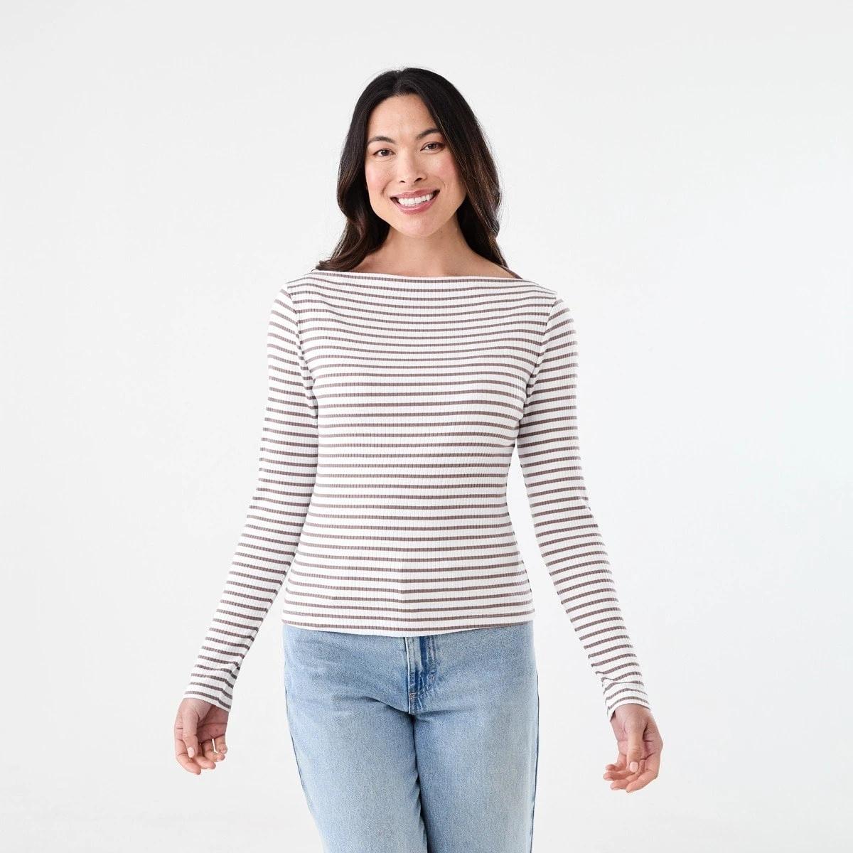 1 Long Sleeve Rib Boat Neck Top Taupe Stp, 1 of 5