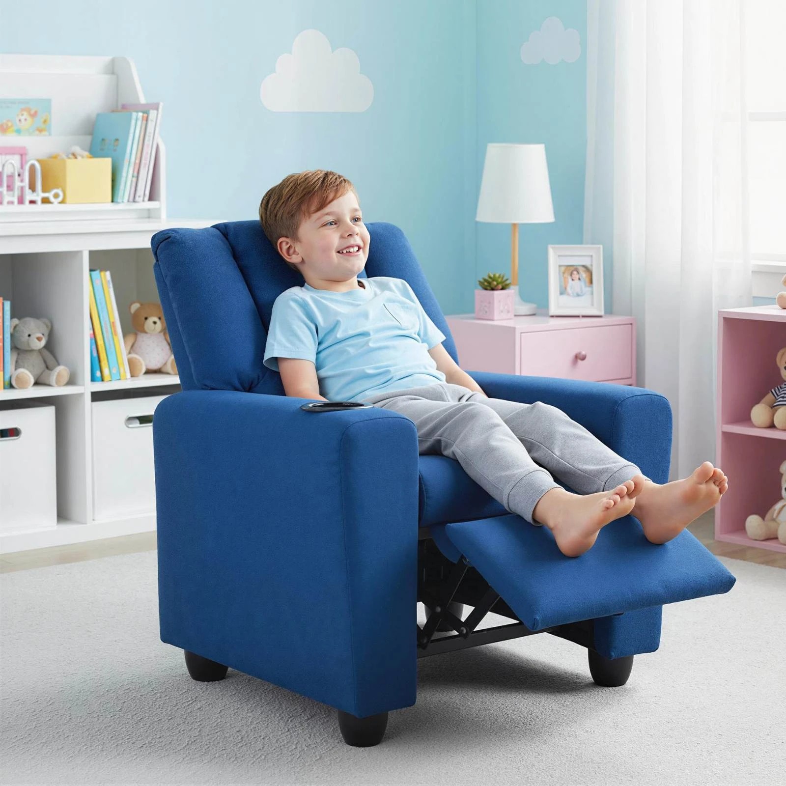 2 Costway Recliner Chair PU Leather Push Back Kids Sofa - Blue, 2 of 2