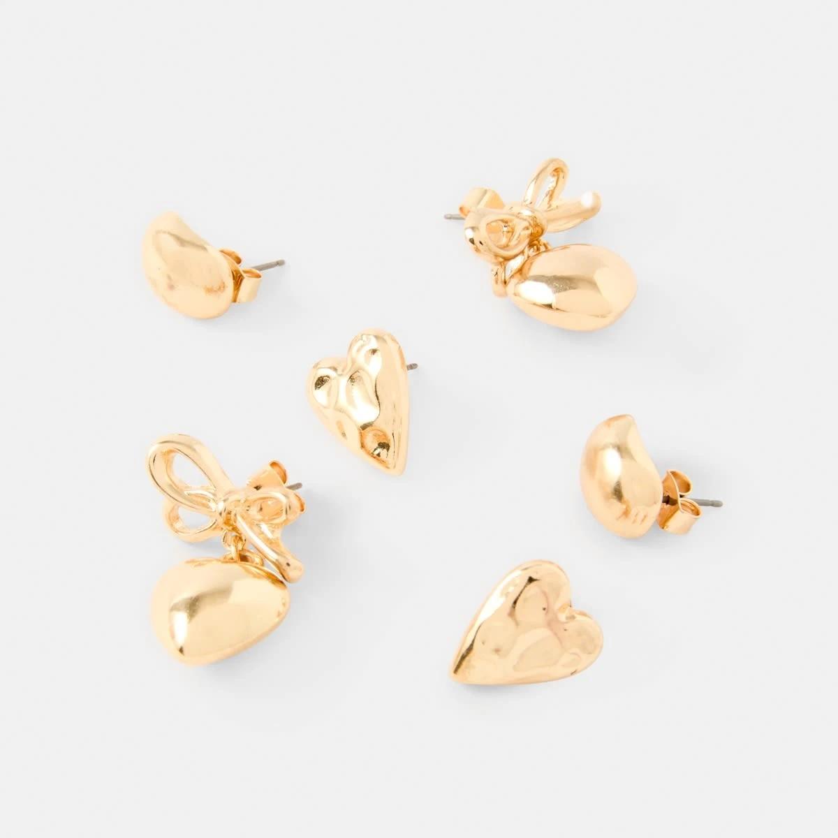 3 3 Pack Heart Bow Stud Earrings - Gold Tone Gold, 3 of 5